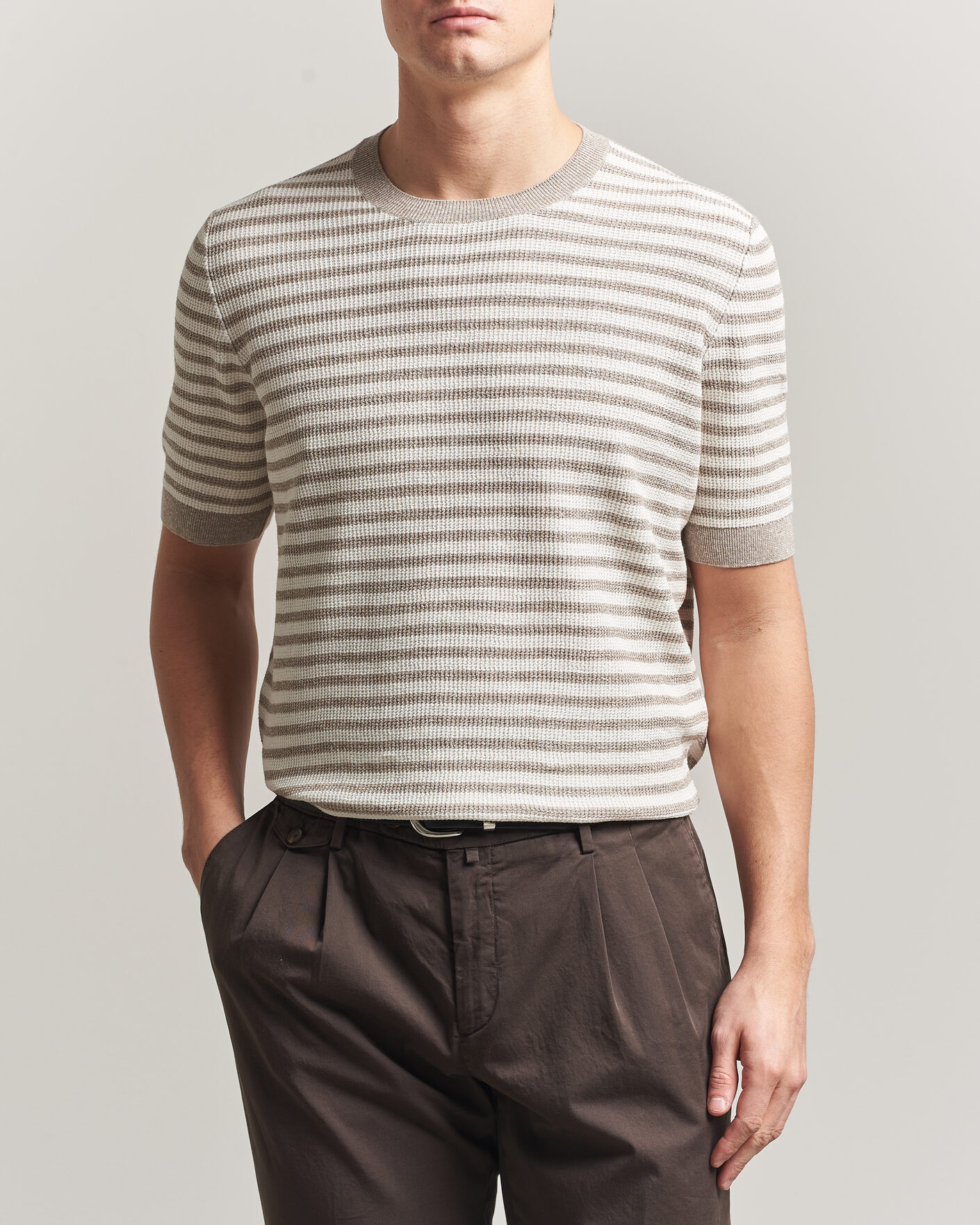 Hombres | Camisetas | Gran Sasso | Linen/Cotton Knitted Striped T-Shirt Beige/White