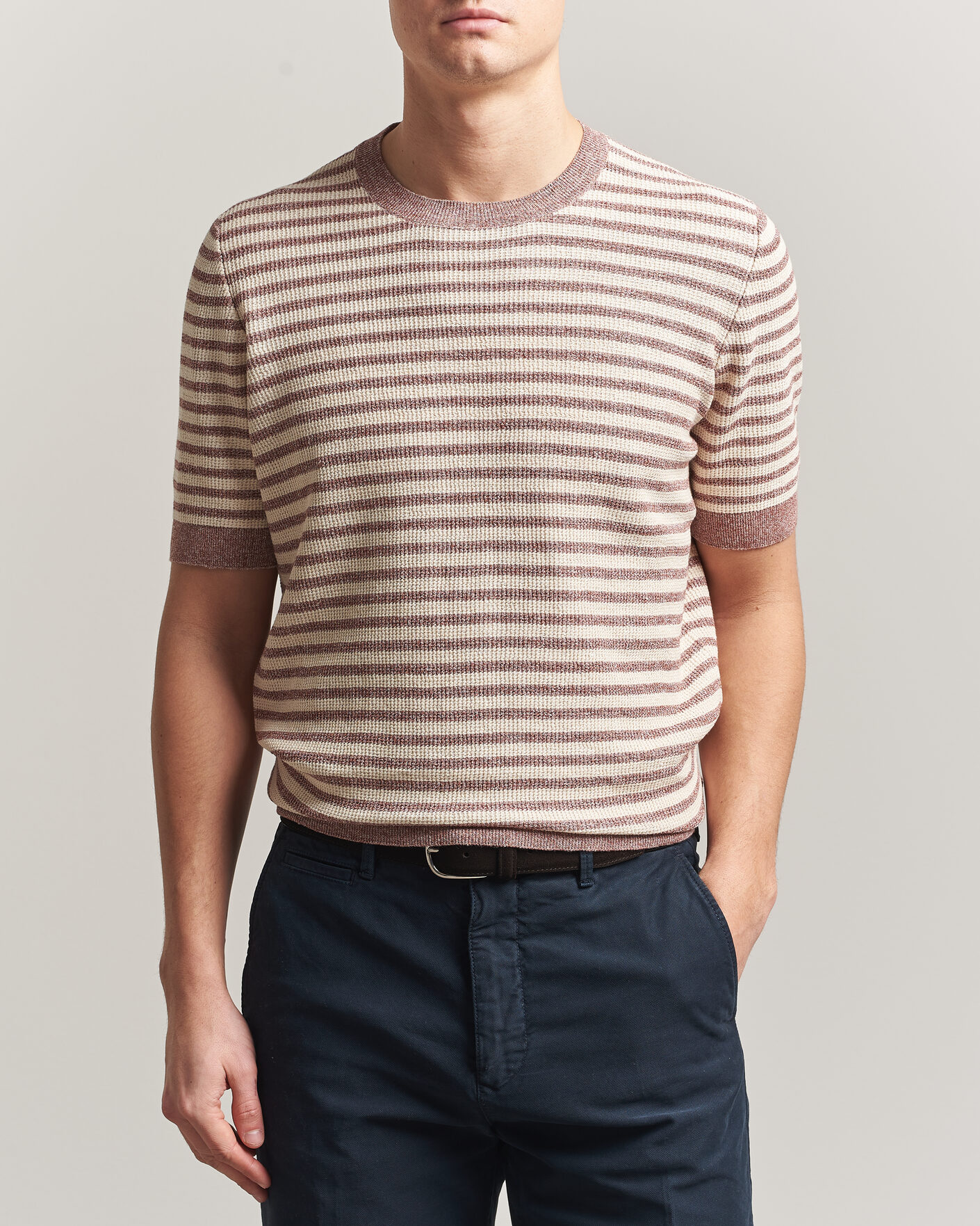 Hombres | Camisetas | Gran Sasso | Linen/Cotton Knitted Striped T-Shirt Red/White