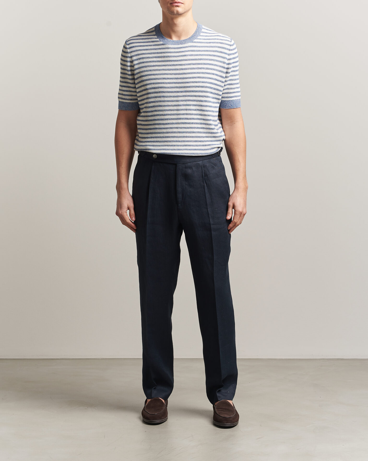 Hombres | Camisetas | Gran Sasso | Linen/Cotton Knitted Striped T-Shirt Blue/White