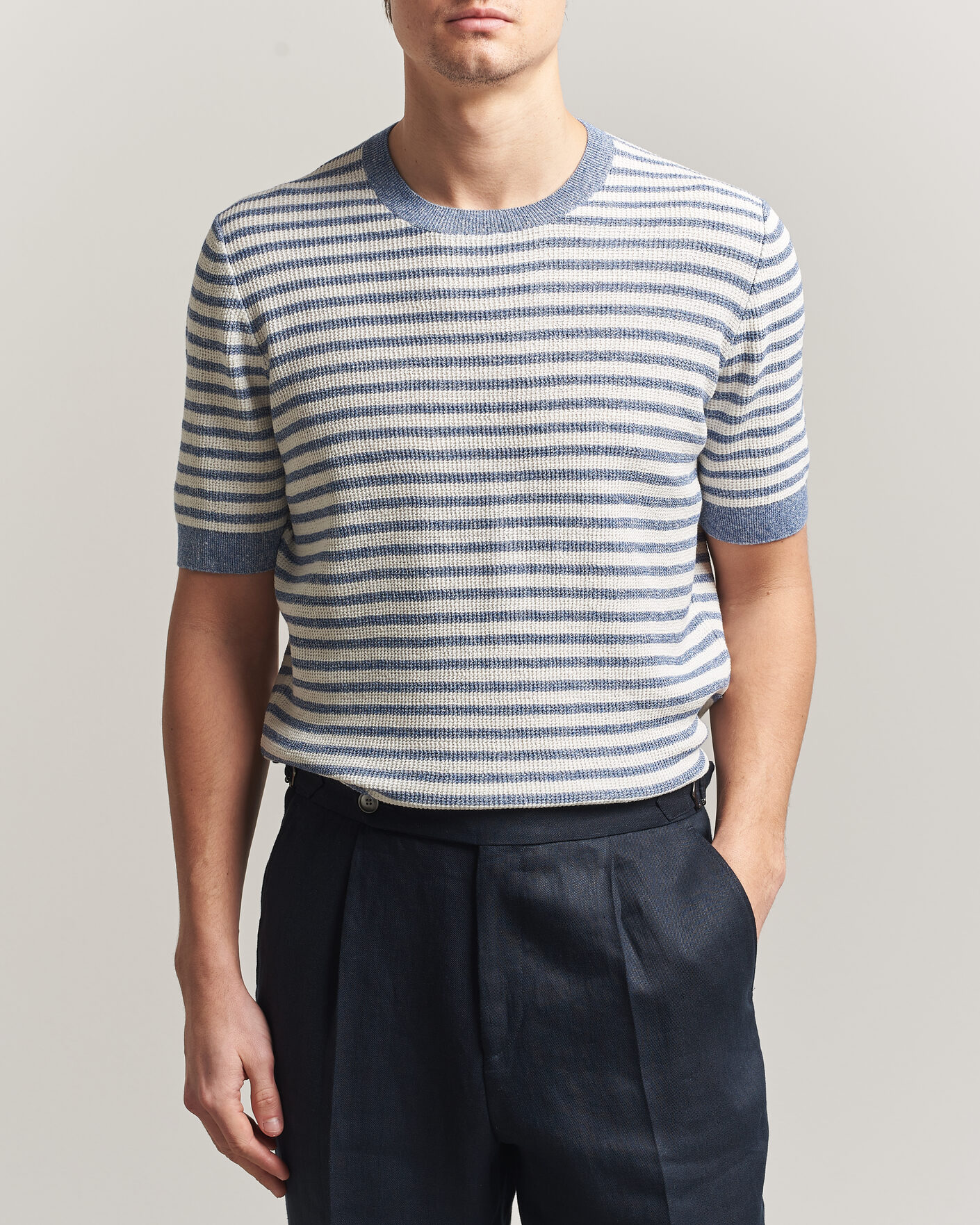 Hombres | Camisetas | Gran Sasso | Linen/Cotton Knitted Striped T-Shirt Blue/White