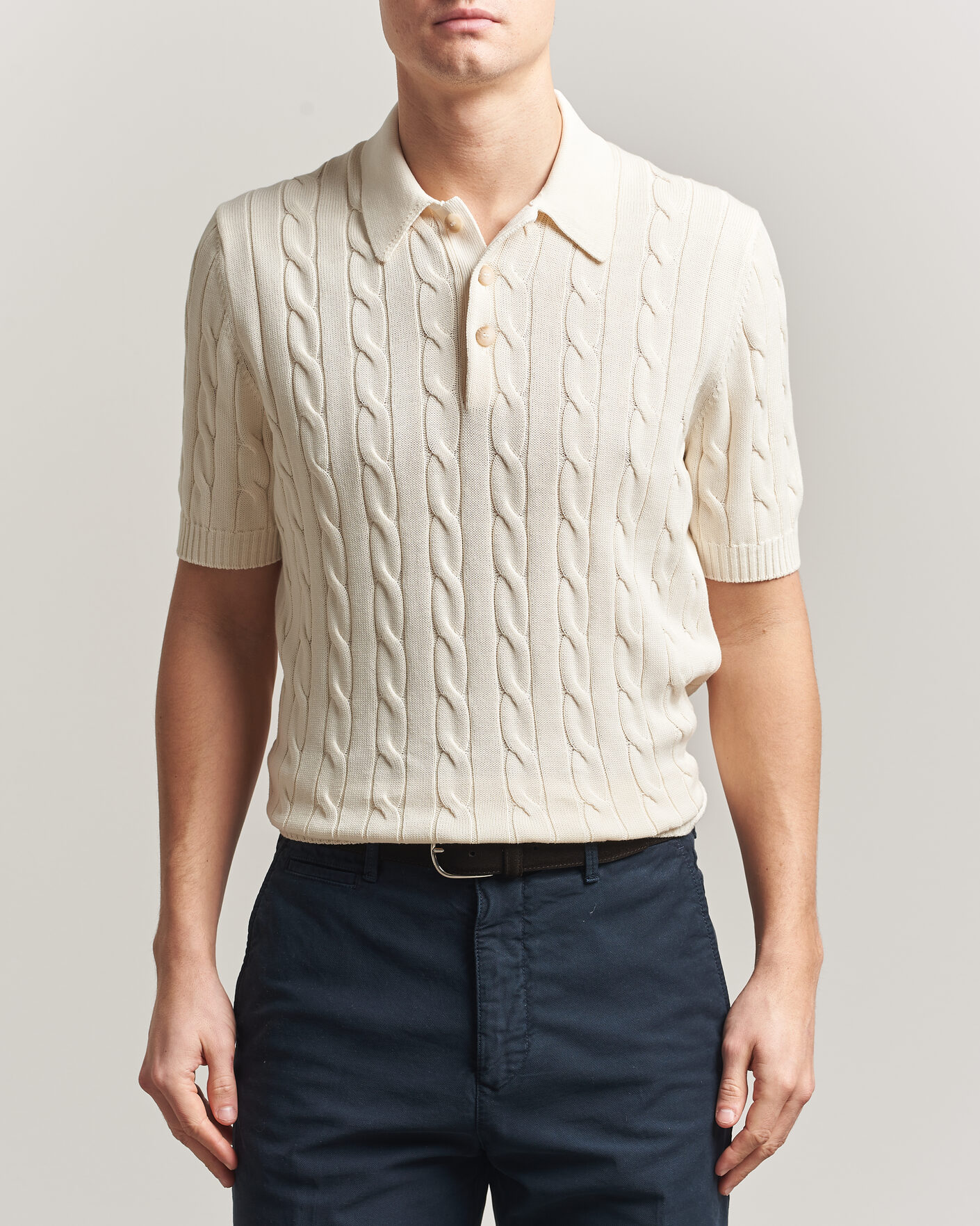 Hombres | Polos | Gran Sasso | Cotton Cable Knitted Polo Cream