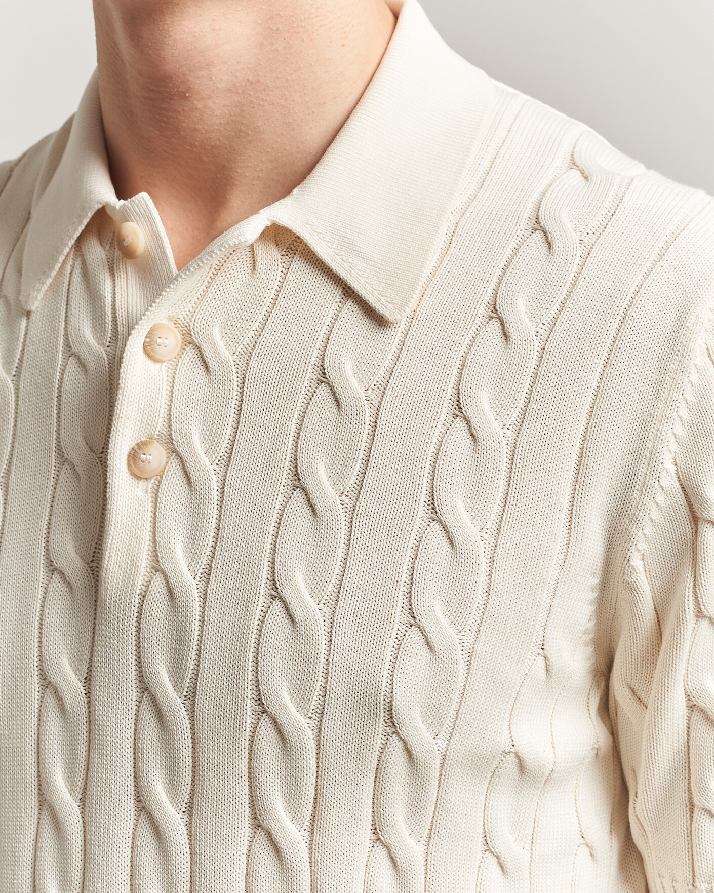 Hombres | Polos | Gran Sasso | Cotton Cable Knitted Polo Cream
