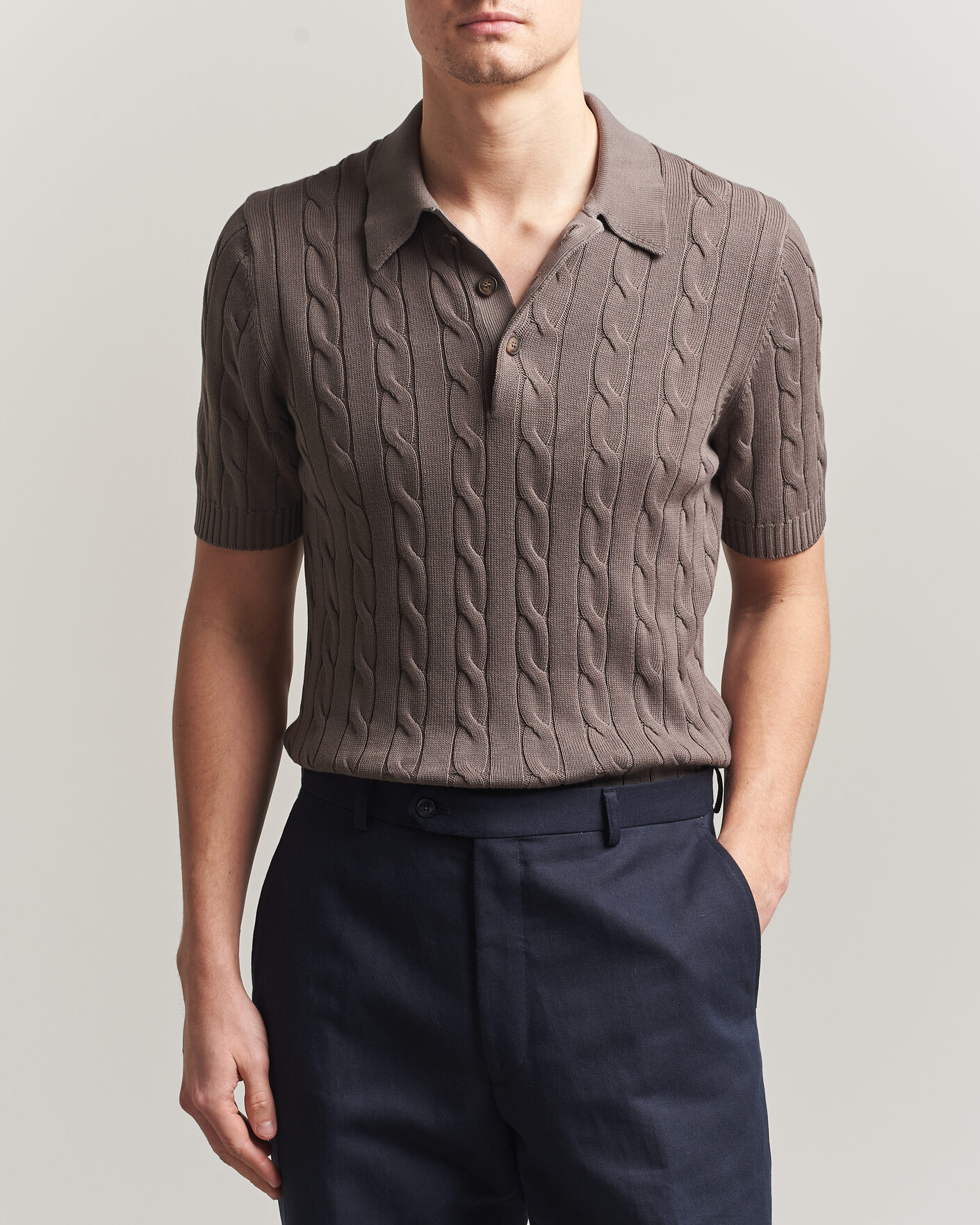 Hombres | Polos | Gran Sasso | Cotton Cable Knitted Polo Brown