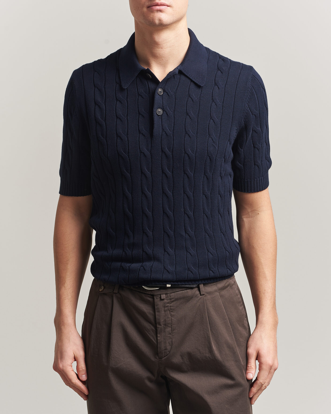 Hombres | Polos | Gran Sasso | Cotton Cable Knitted Polo Navy