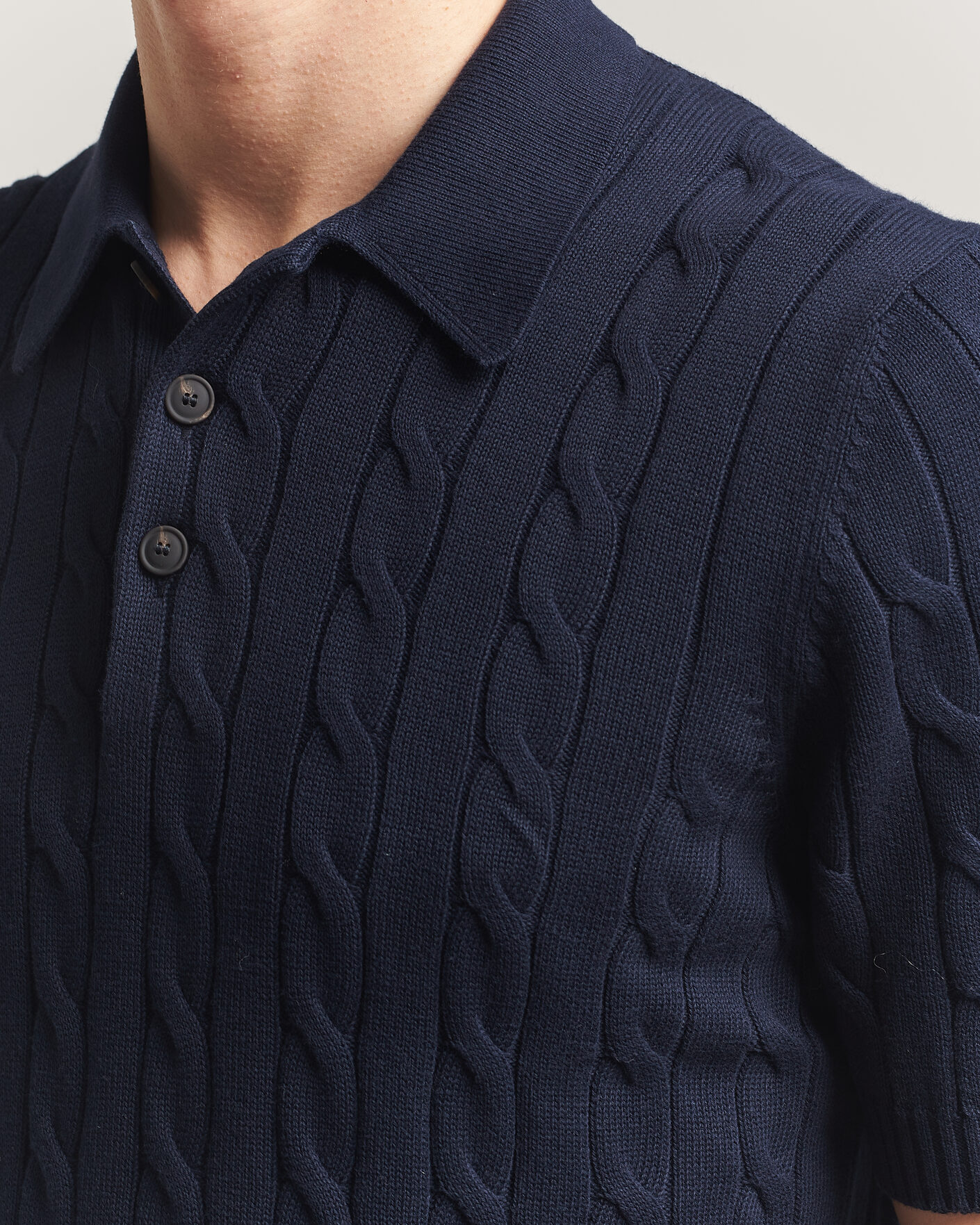 Hombres | Polos | Gran Sasso | Cotton Cable Knitted Polo Navy