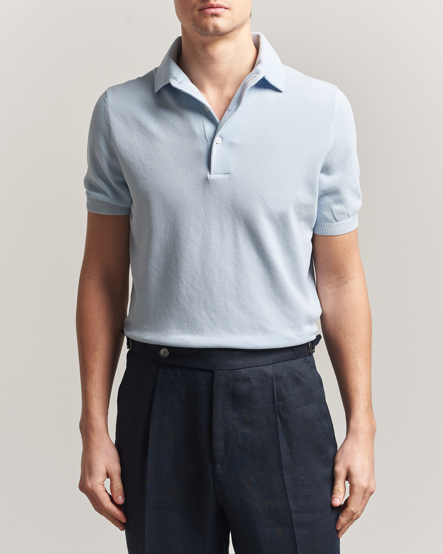 Hombres | Polos | Gran Sasso | Cotton Textured Knitted Polo Light Blue