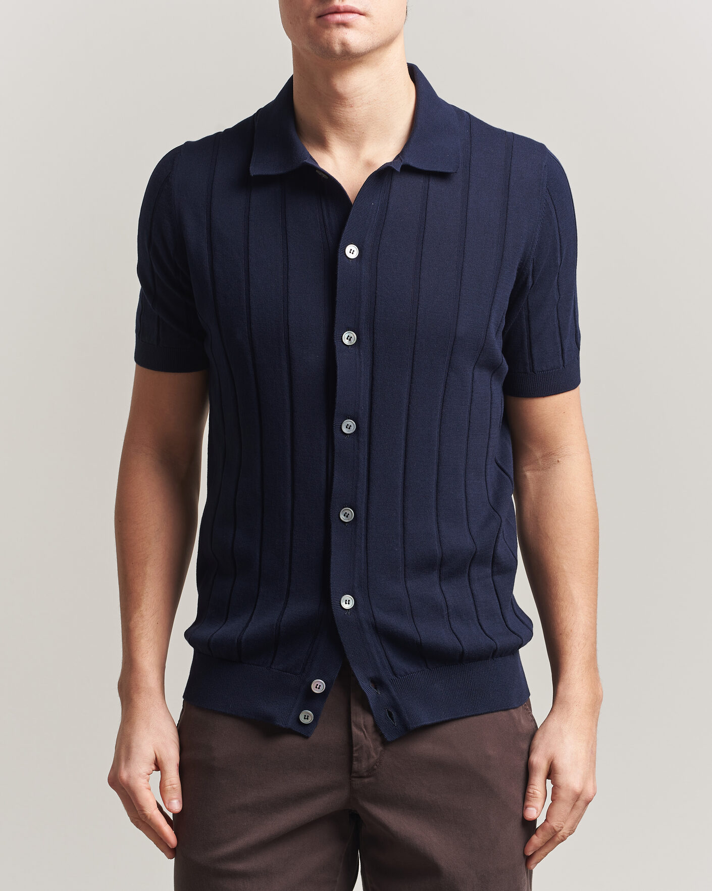 Hombres | Camisas | Gran Sasso | Cotton Ribbed Knitted Resort Shirt Navy