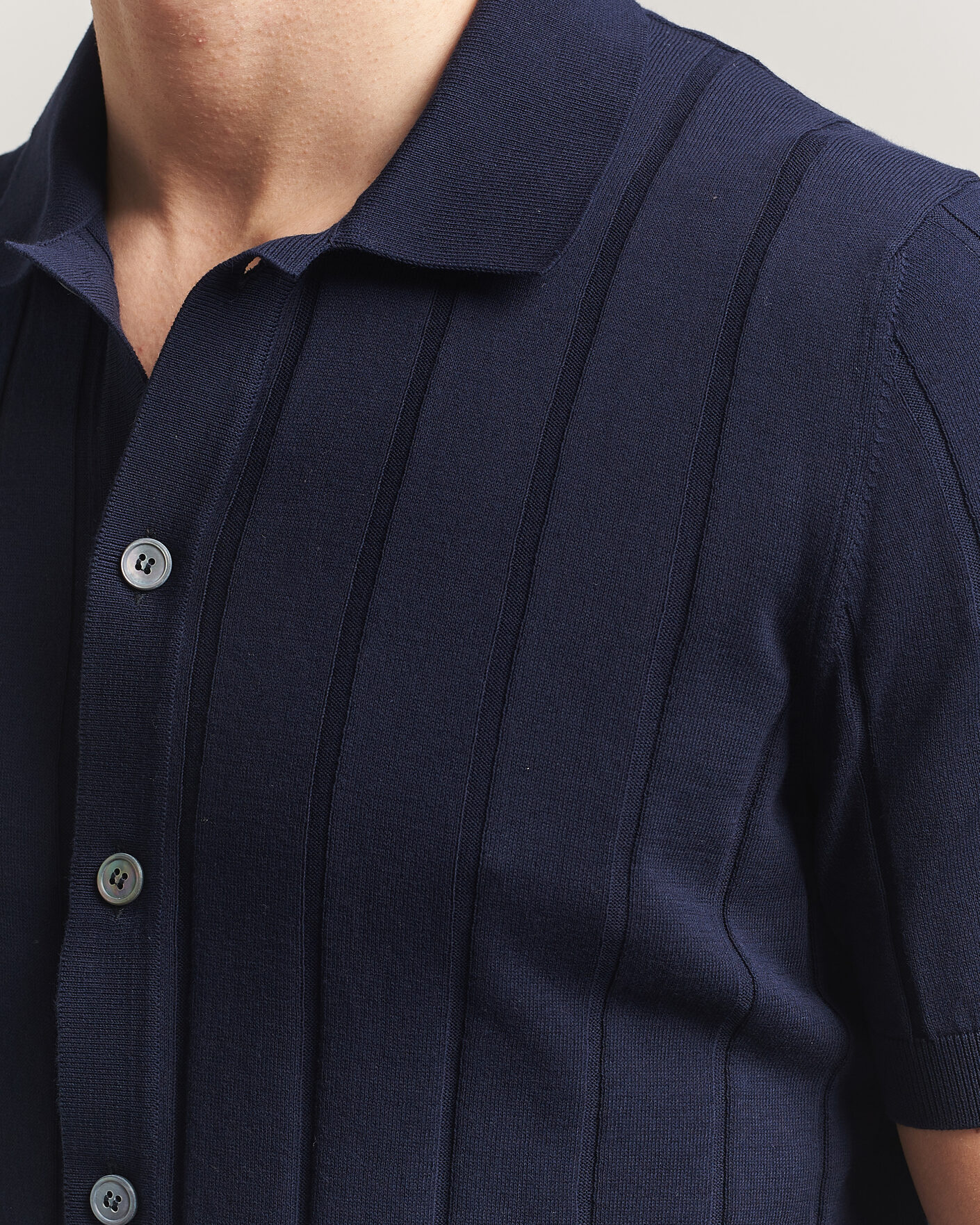 Hombres | Camisas | Gran Sasso | Cotton Ribbed Knitted Resort Shirt Navy