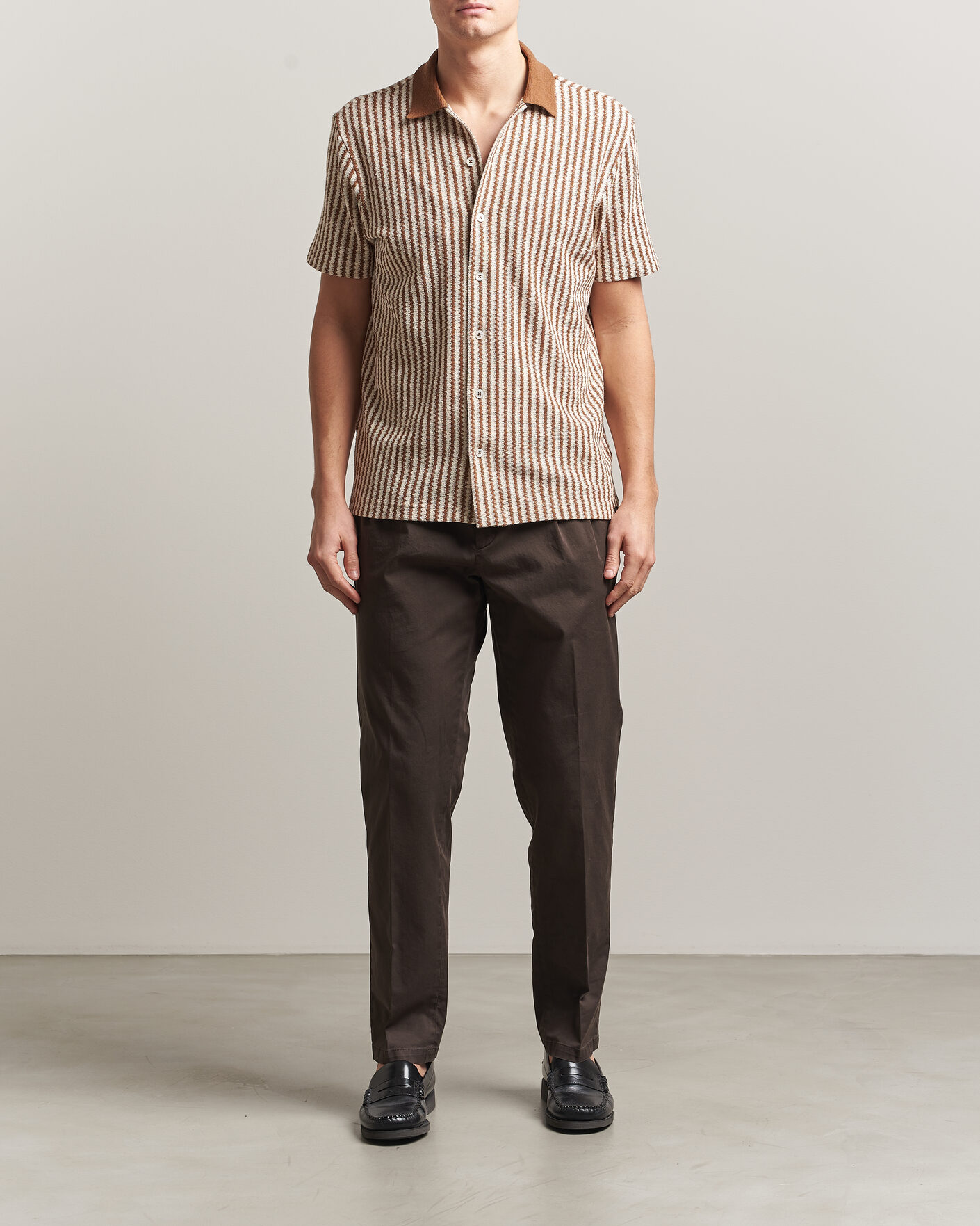 Hombres | Camisas | Gran Sasso | Cotton Knitted Striped Resort Shirt Brown/White