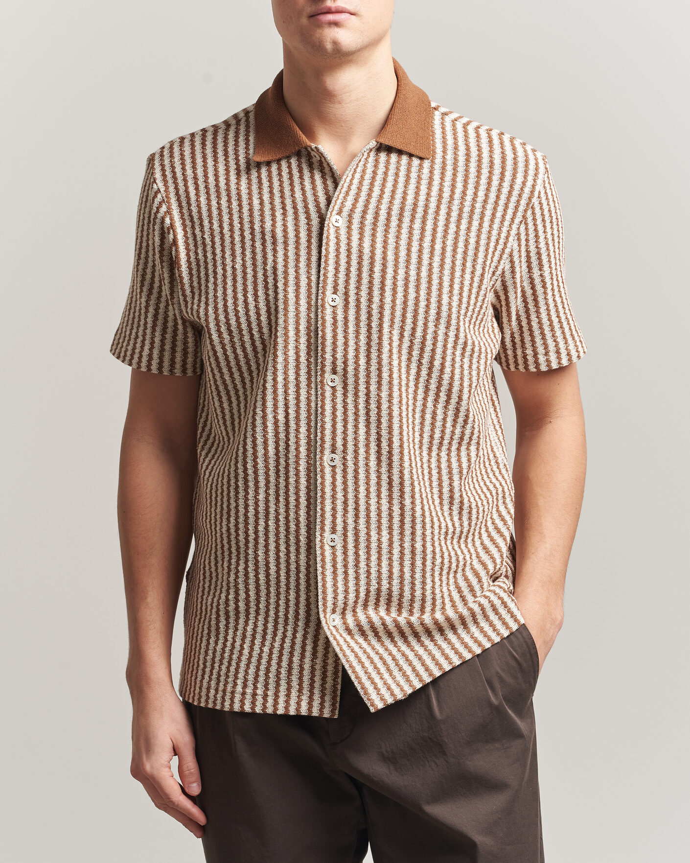 Hombres | Camisas | Gran Sasso | Cotton Knitted Striped Resort Shirt Brown/White