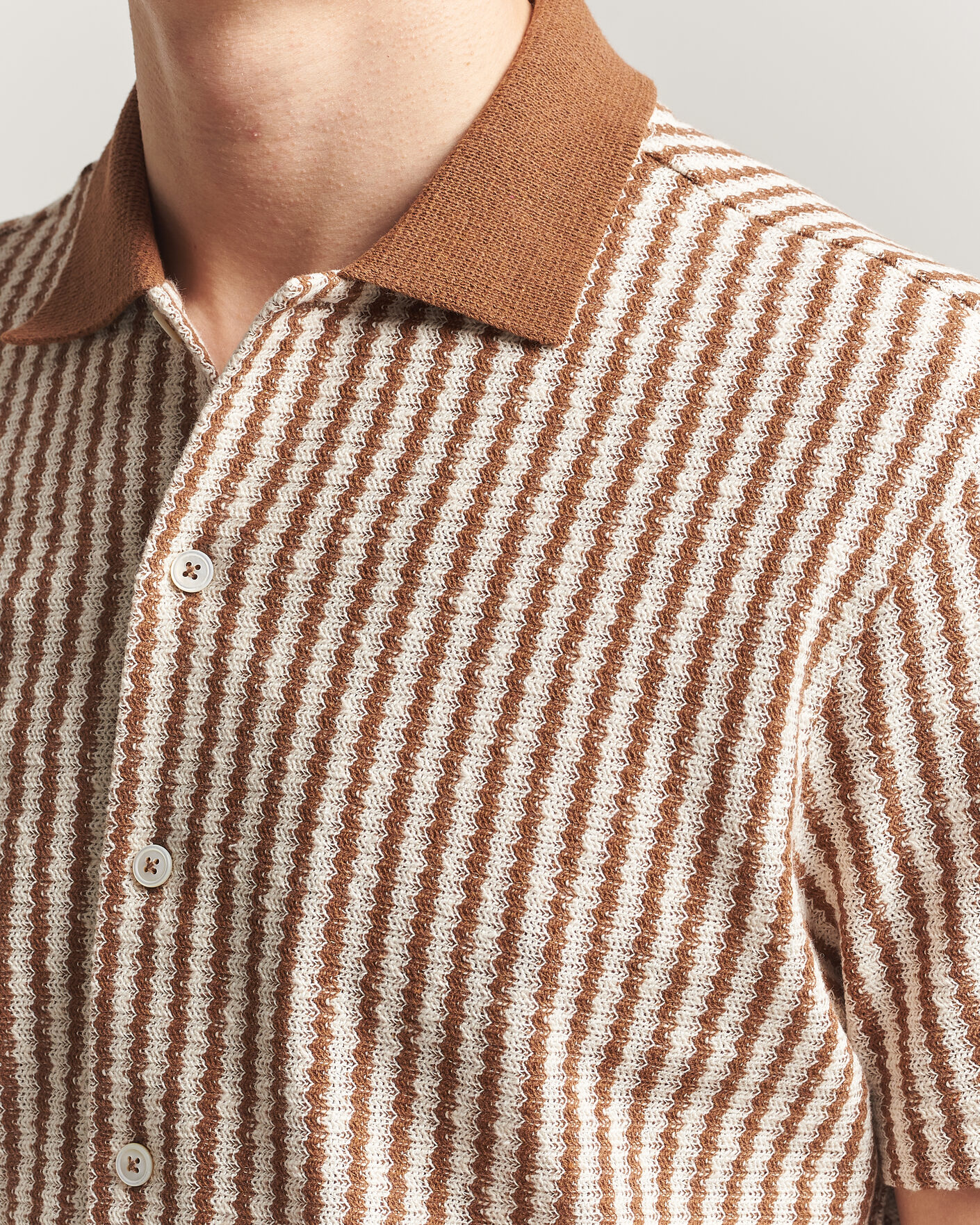 Hombres | Camisas | Gran Sasso | Cotton Knitted Striped Resort Shirt Brown/White