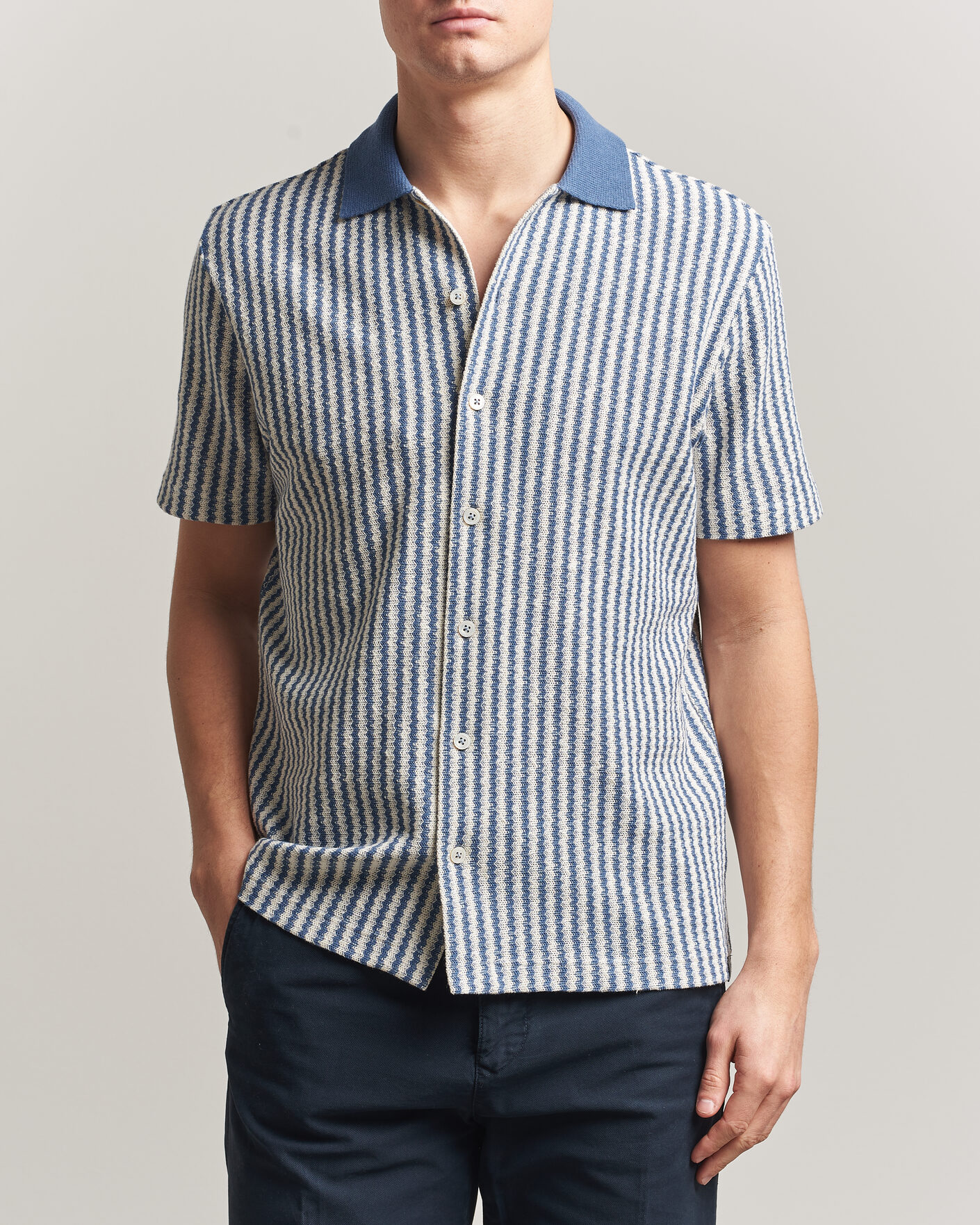 Hombres | Camisas | Gran Sasso | Cotton Knitted Striped Resort Shirt Blue/white