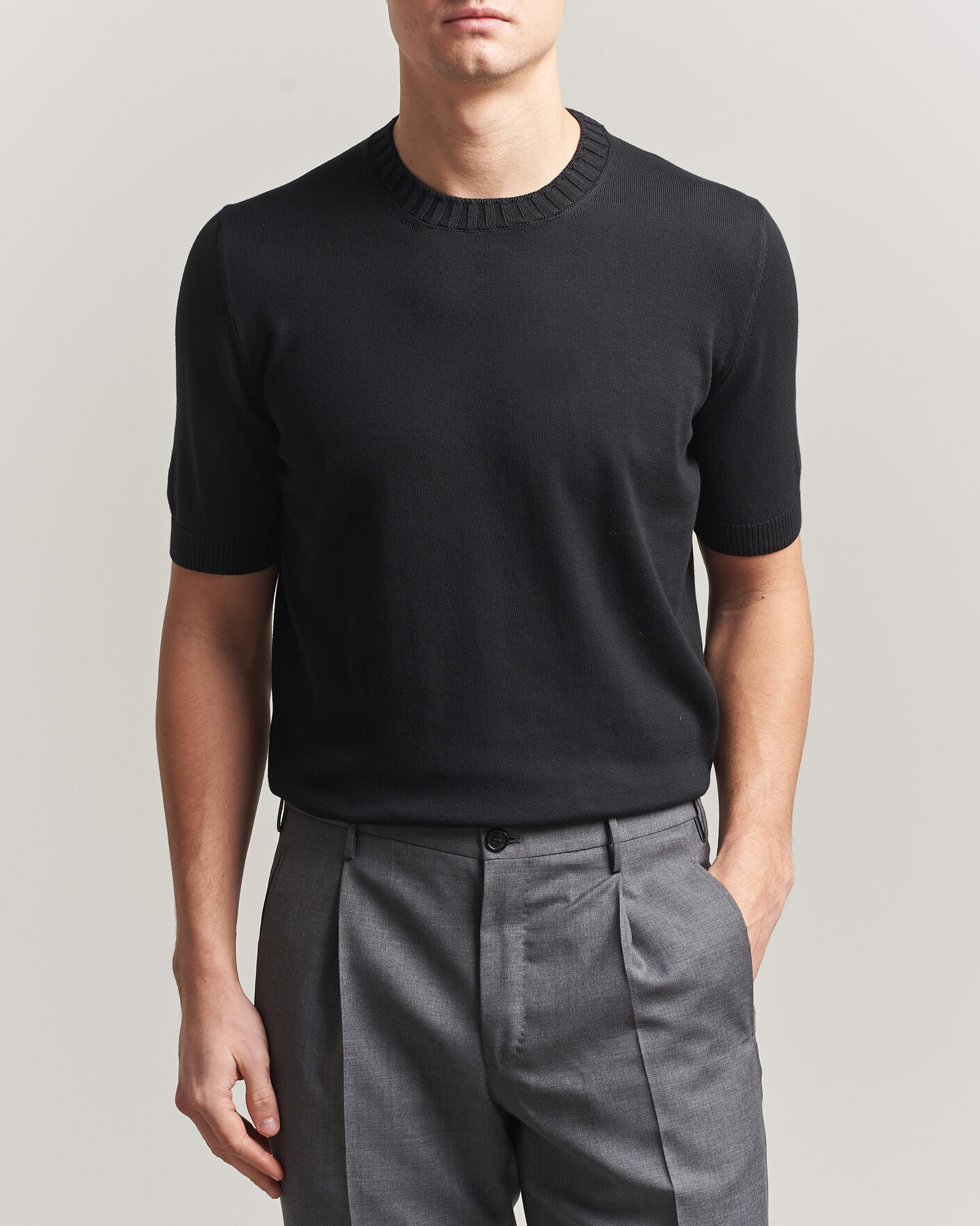 Hombres | Camisetas | Gran Sasso | Cotton Heavy Knitted Crew Neck T-Shirt Black