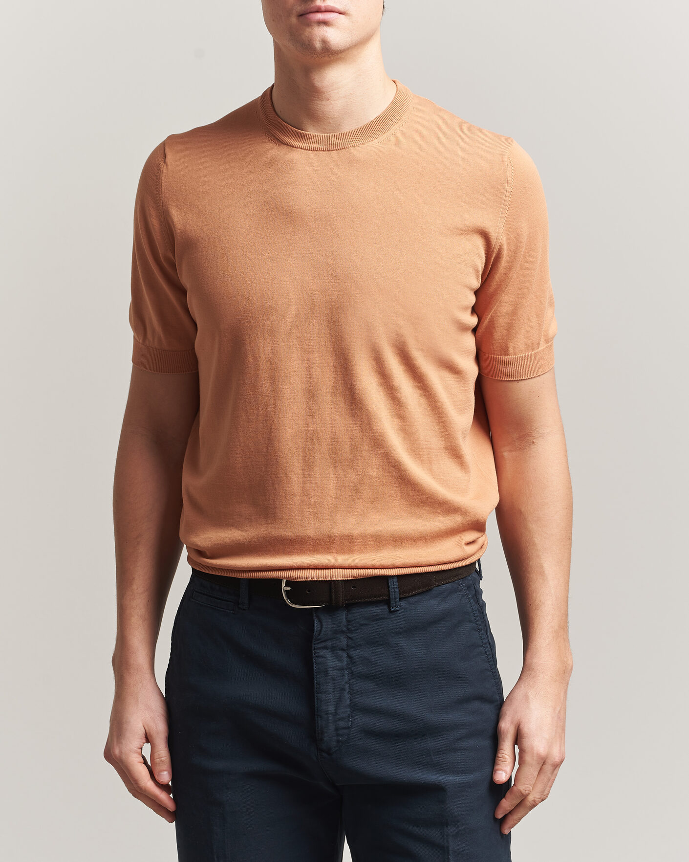 Hombres | Camisetas | Gran Sasso | Cotton Knitted Crew Neck T-Shirt Apricot Orange Melange