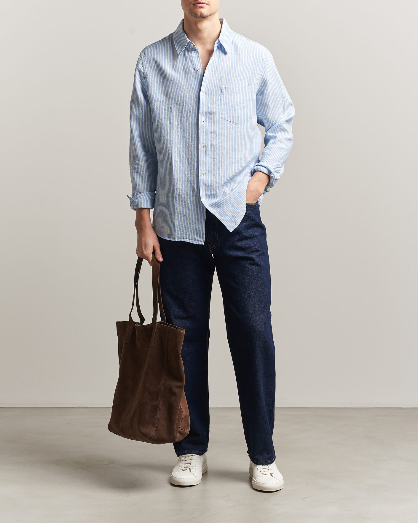 Hombres | Camisas | A Day's March | Daintree Striped Linen Shirt Light Blue/White
