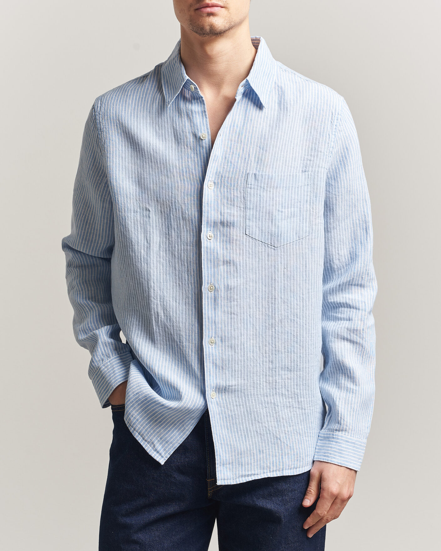 Hombres | Camisas | A Day's March | Daintree Striped Linen Shirt Light Blue/White