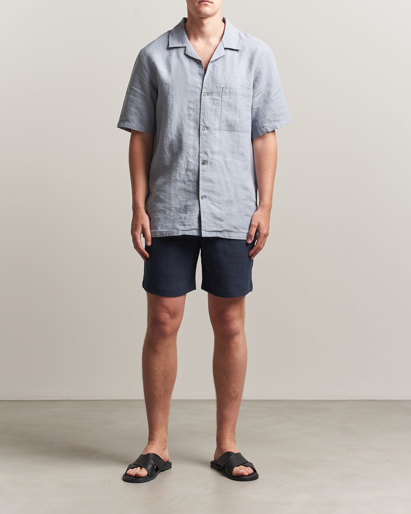 Hombres | Camisas | A Day's March | Yamu Linen Short Sleeve Shirt Rock Blue