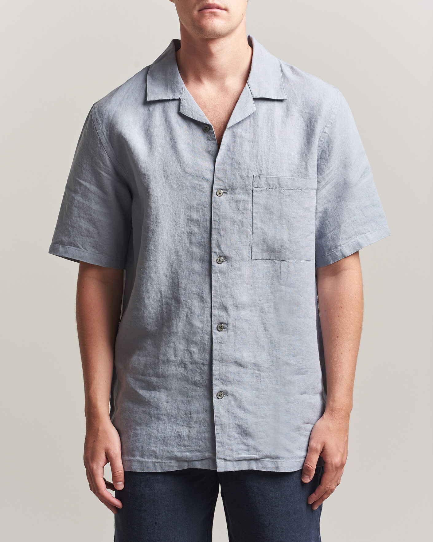 Hombres | Camisas | A Day's March | Yamu Linen Short Sleeve Shirt Rock Blue