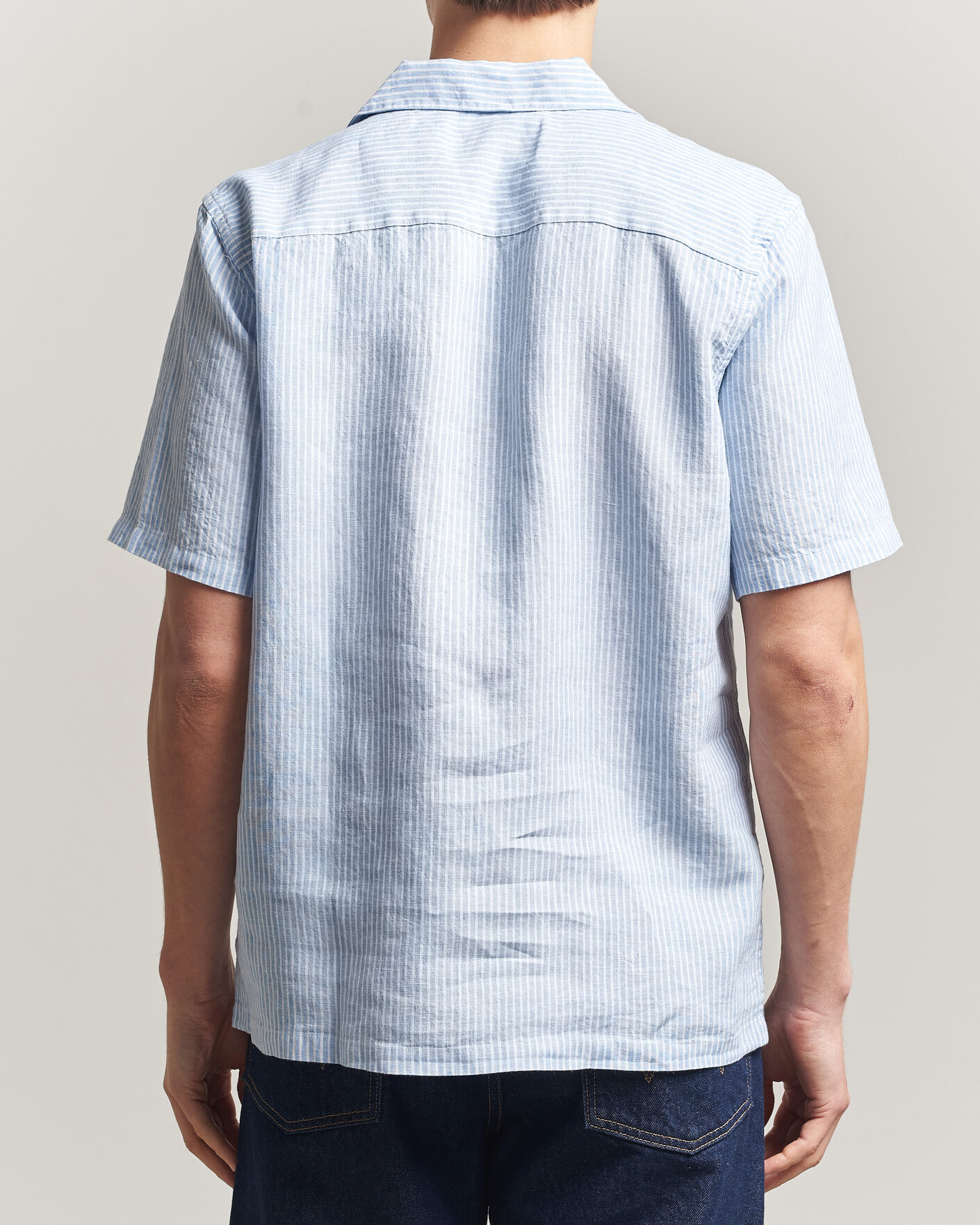 Hombres | Camisas | A Day's March | Yamu Striped Linen Short Sleeve Shirt Light Blue