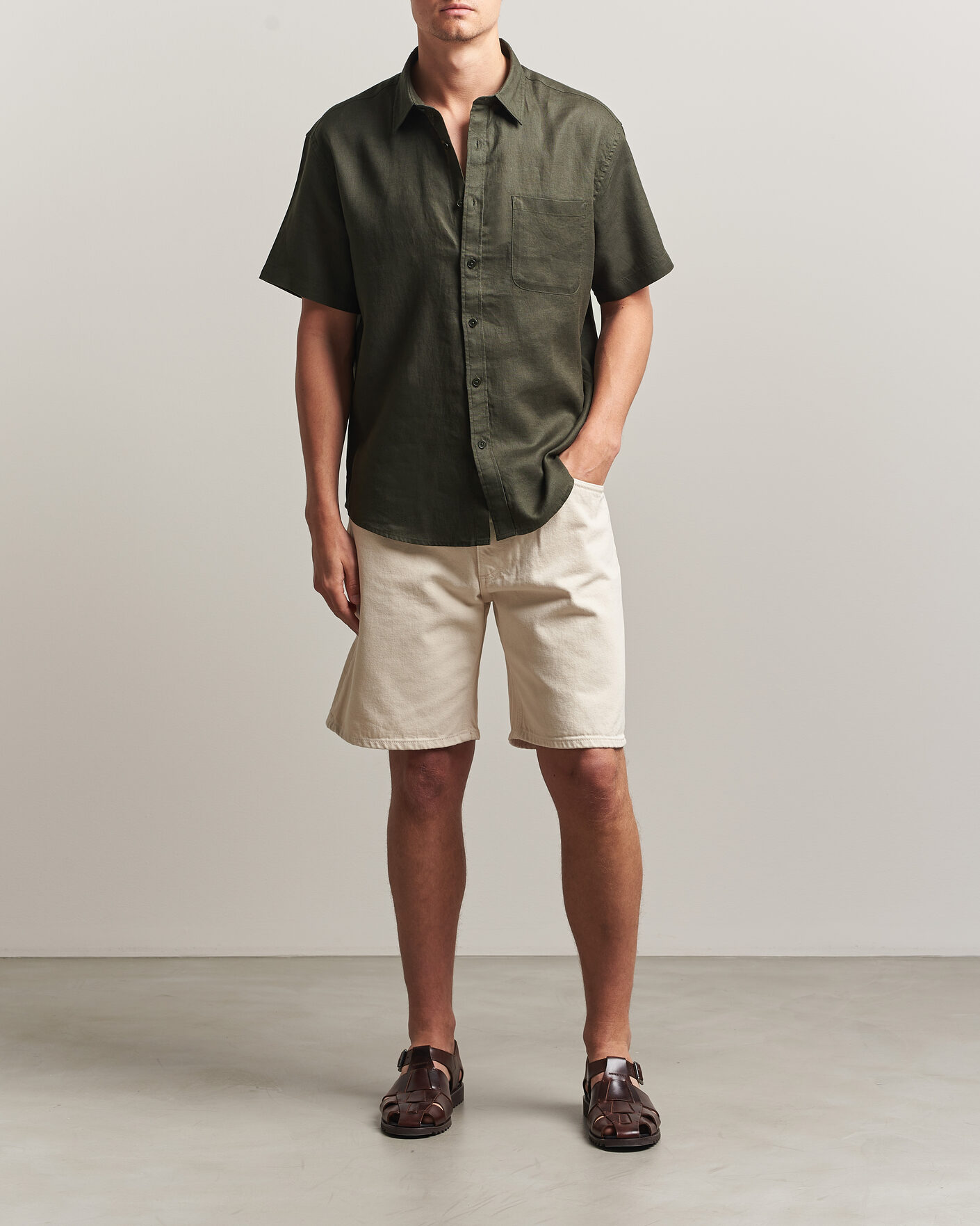 Hombres | Camisas | NN07 | Deon Linen Short Sleeve Shirt Dark Army