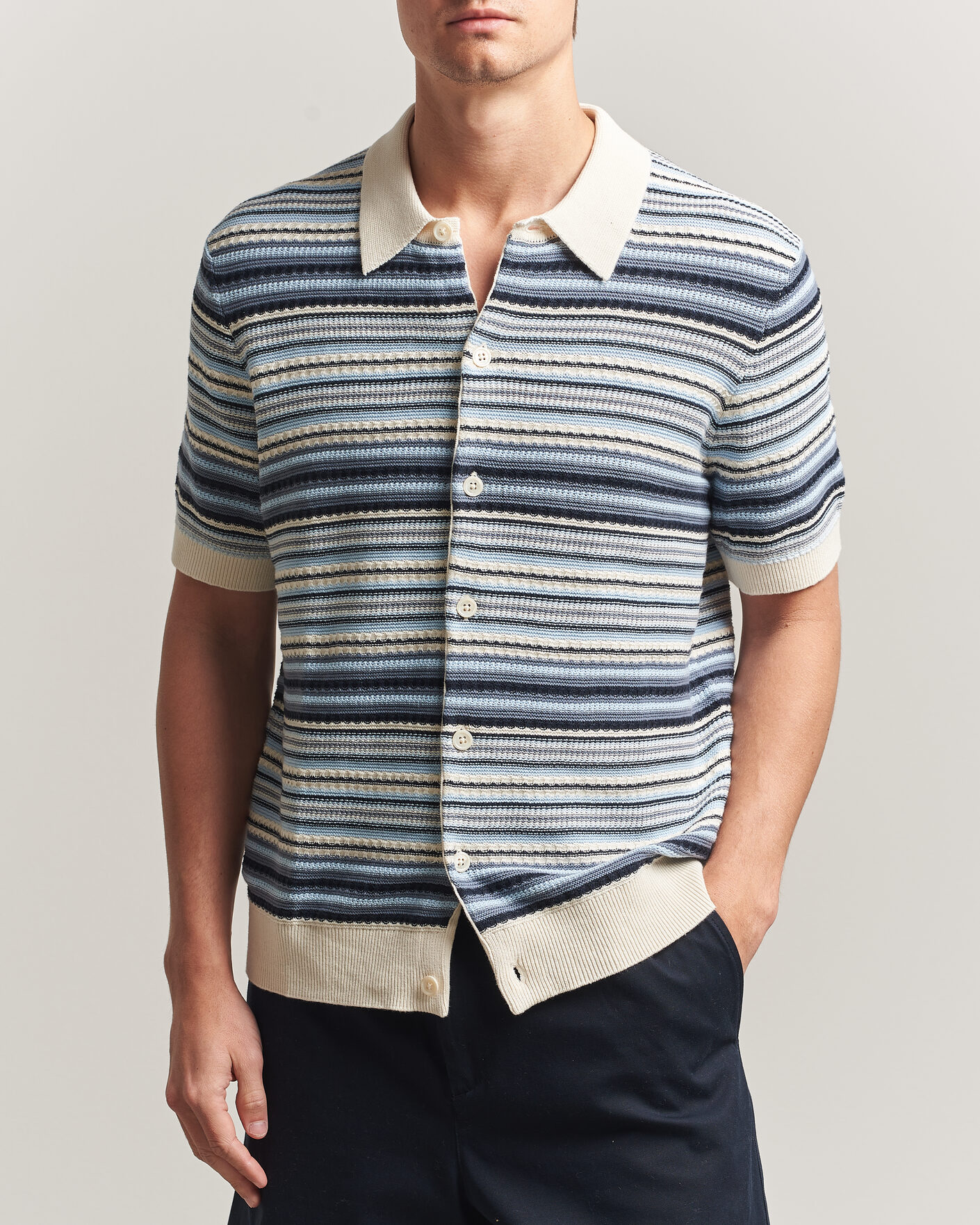 Hombres | Camisas | NN07 | Nolan Striped Knitted Short Sleeve Shirt Navy Multi