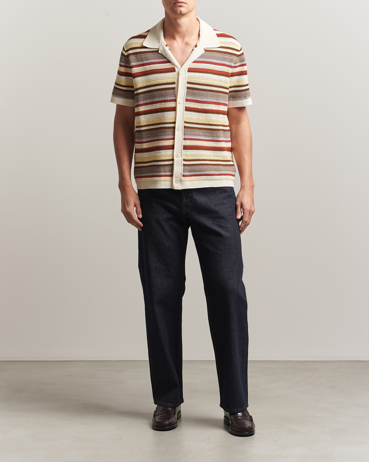 Hombres | Camisas | NN07 | Lars Striped Knitted Short Sleeve Shirt Ivory Multi