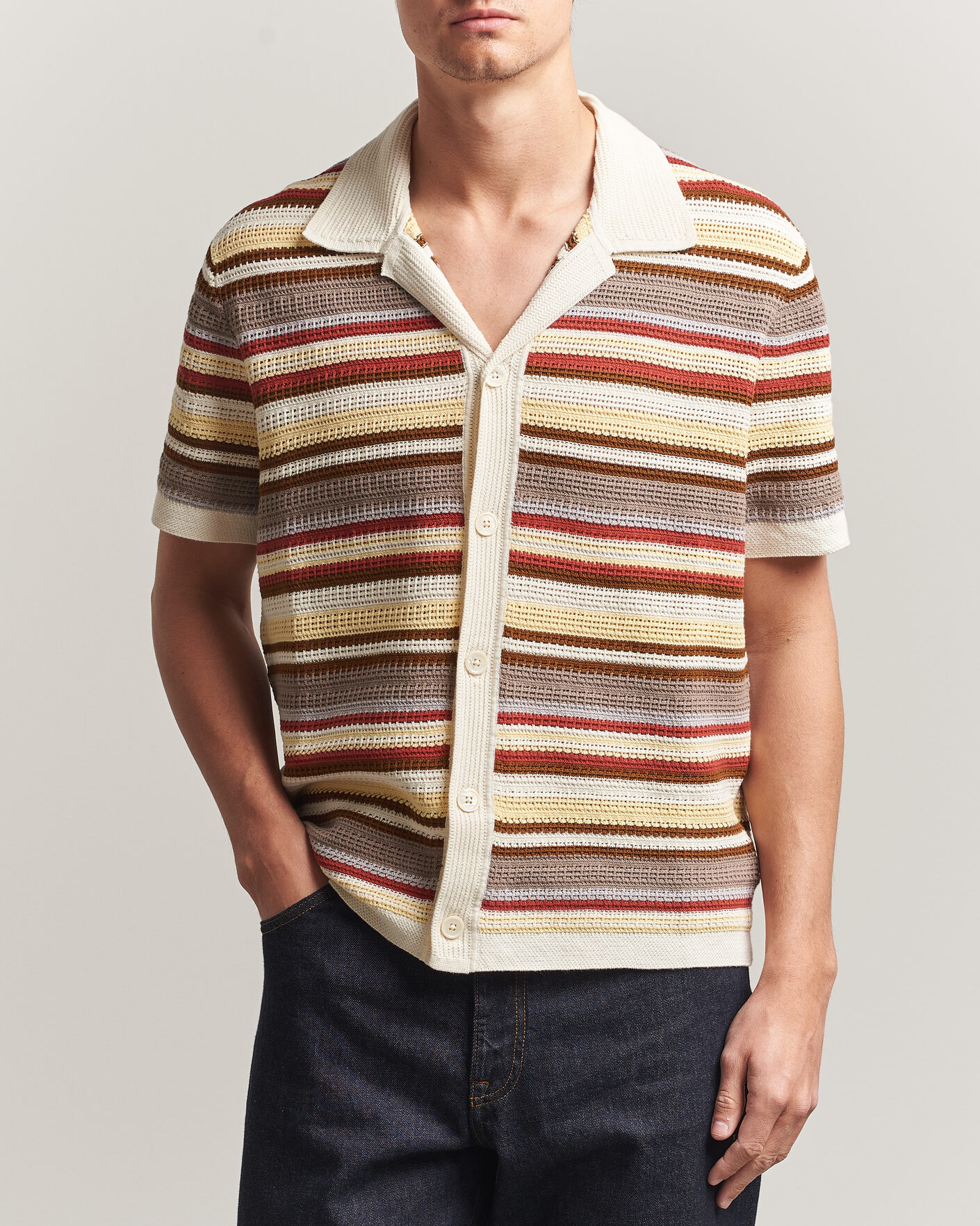 Hombres | Camisas | NN07 | Lars Striped Knitted Short Sleeve Shirt Ivory Multi