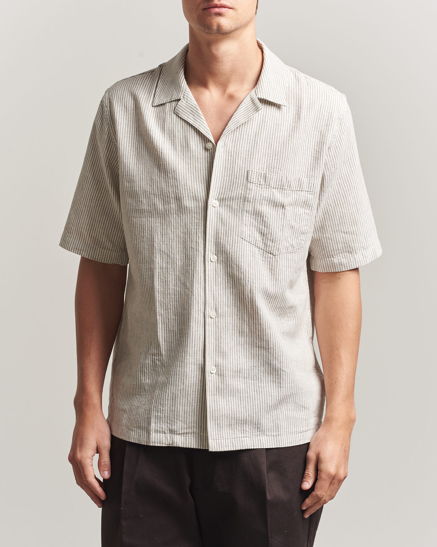 Hombres | Camisas | Samsøe Samsøe | Oscar Linen/Cotton Striped Short Sleeve Shirt Aluminum