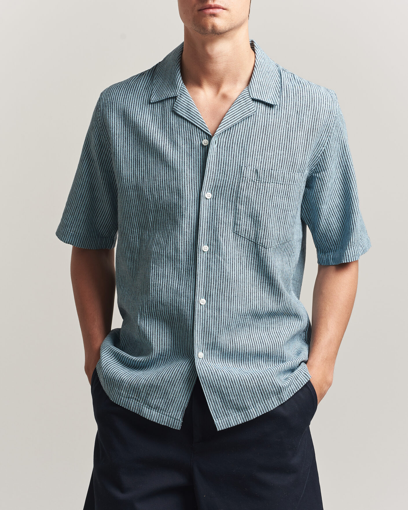 Hombres | Camisas | Samsøe Samsøe | Oscar Linen/Cotton Striped Short Sleeve Shirt Tourmaline