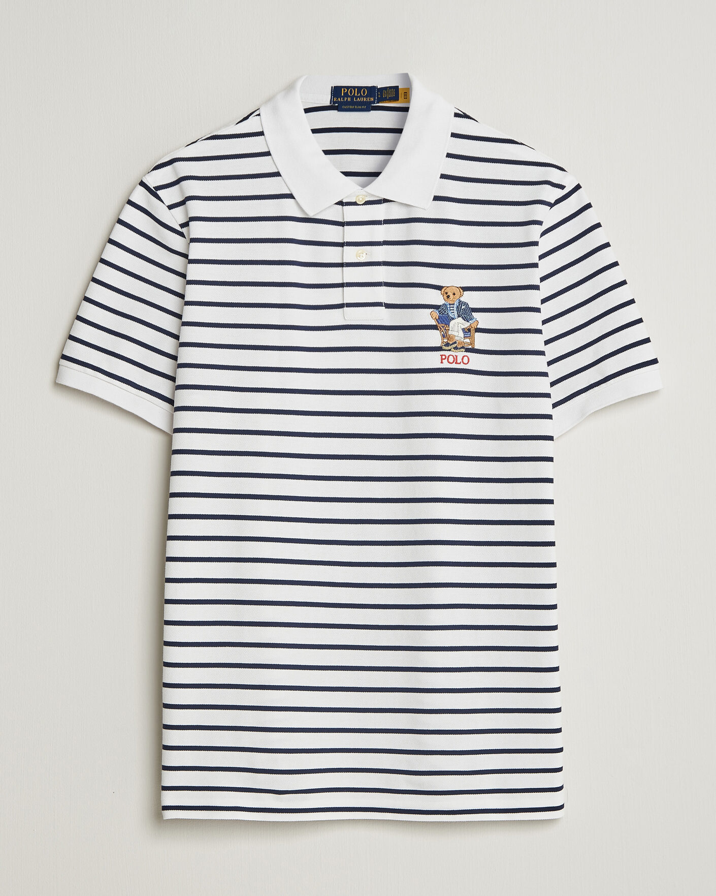 Hombres | Polos | Polo Ralph Lauren | Newport Bear Striped Custom Slim Polo White/Navy