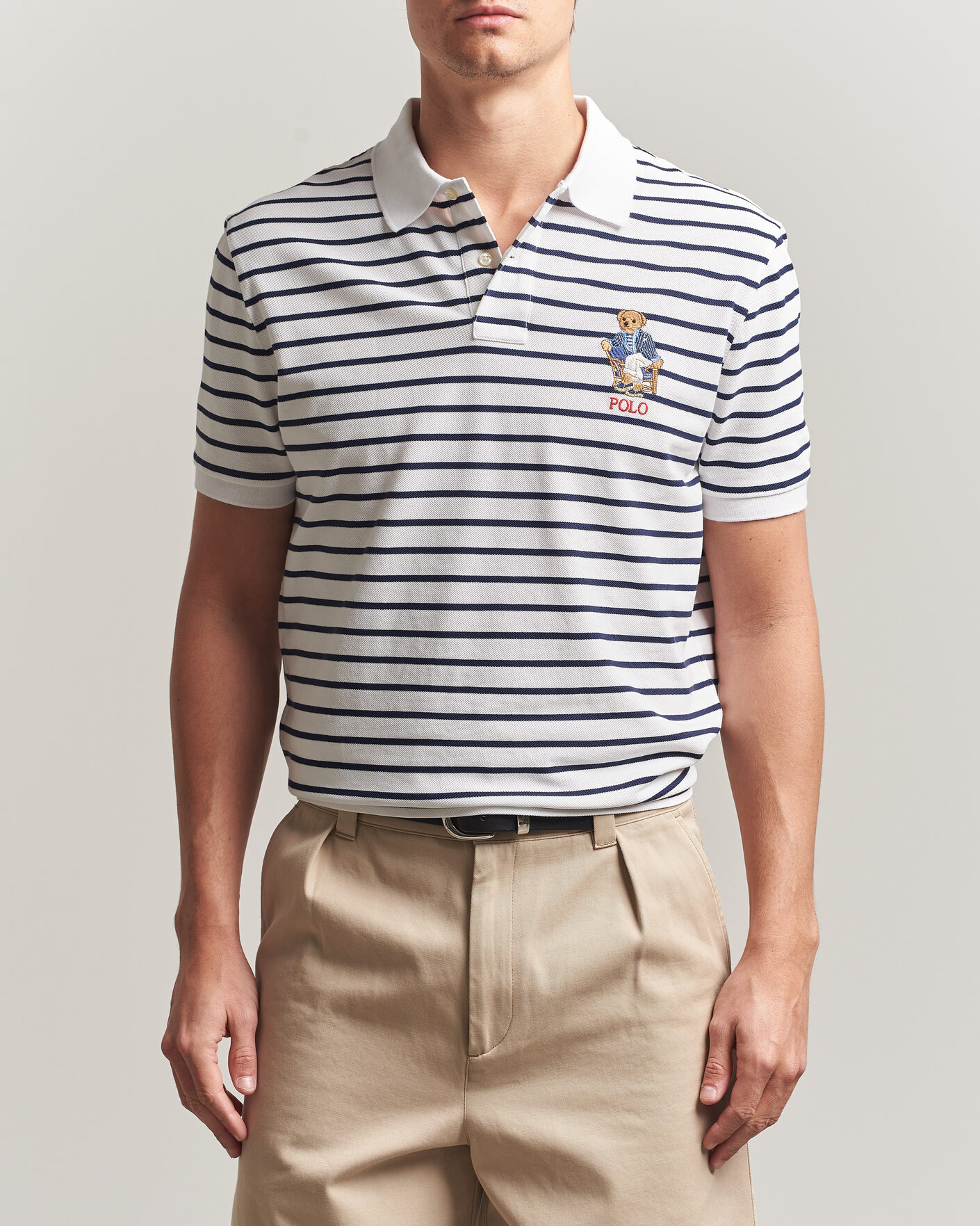 Hombres | Polos | Polo Ralph Lauren | Newport Bear Striped Custom Slim Polo White/Navy
