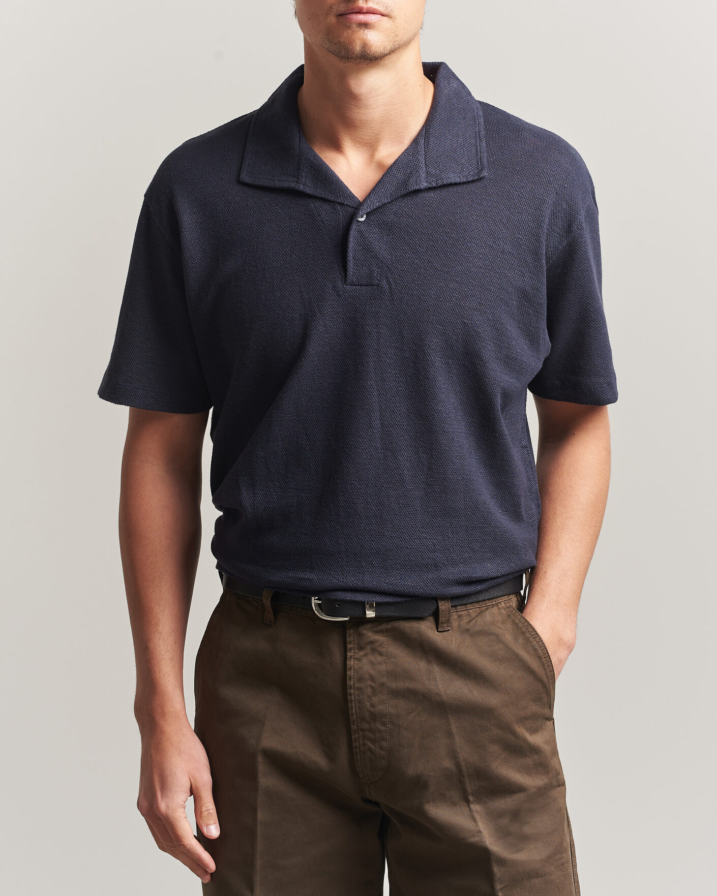 Hombres | Polos | Sunspel | Cotton/Linen Pique Polo Navy