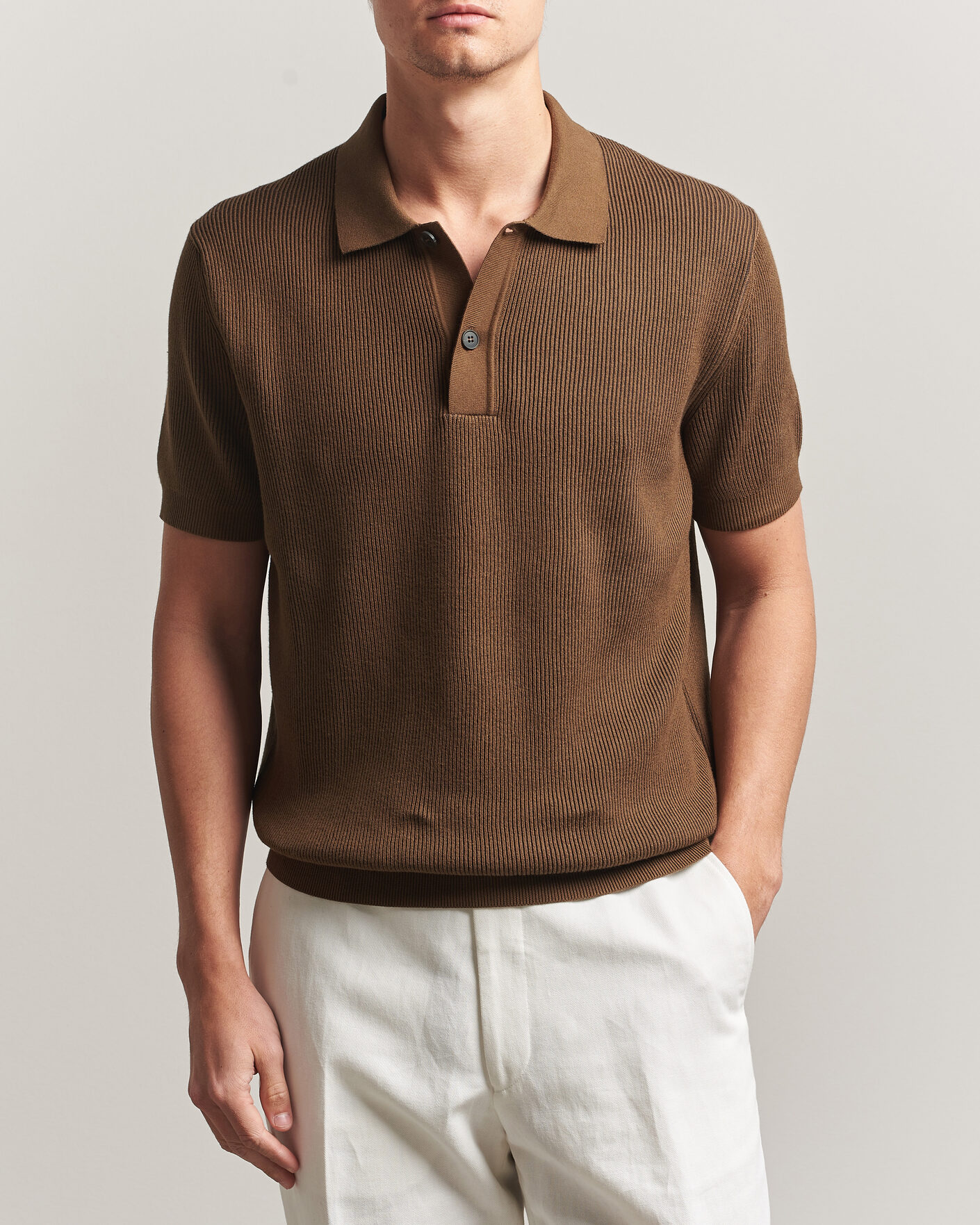 Hombres | Polos | Sunspel | Knitted Cotton Rib Polo Bronze