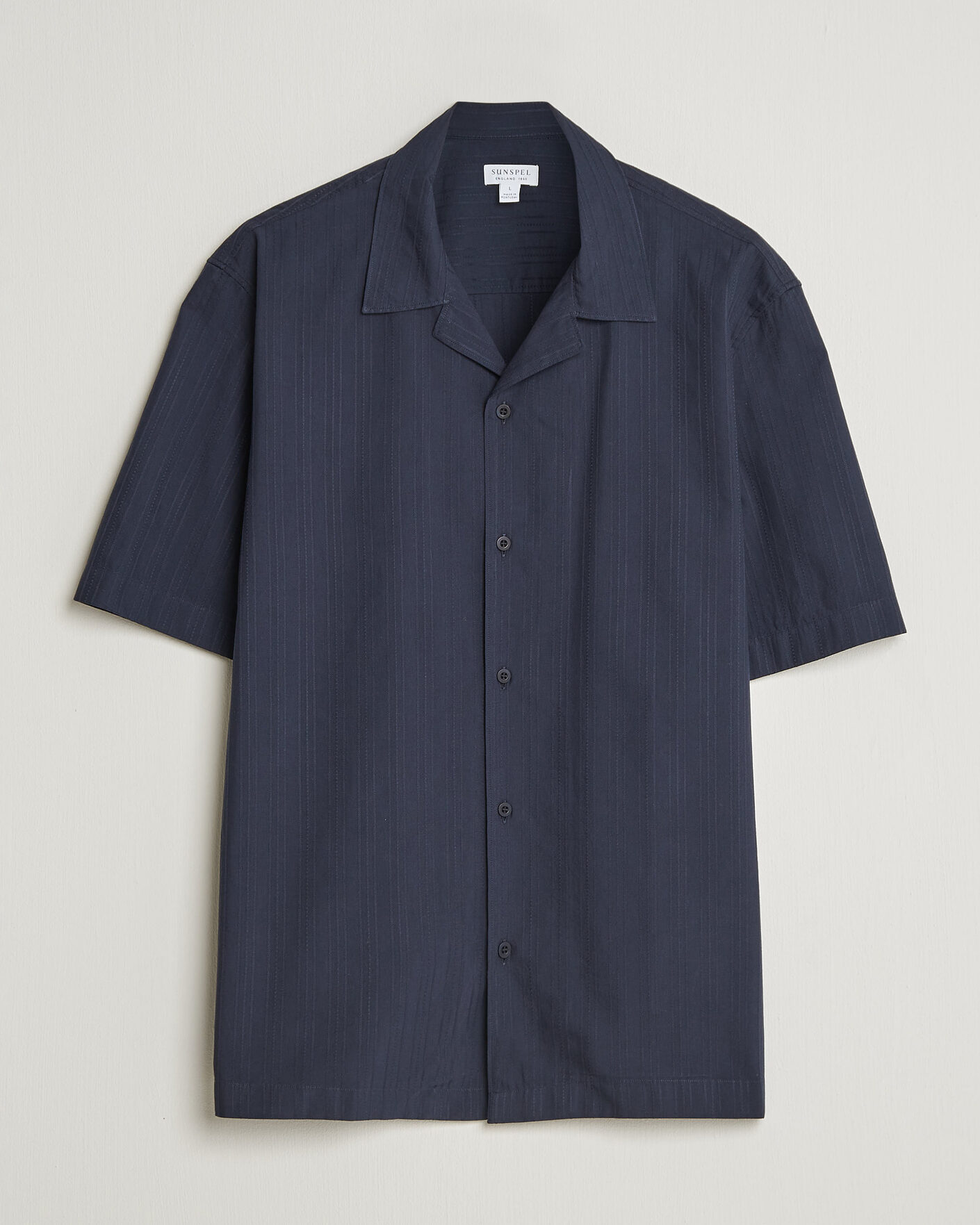 Hombres | Camisas | Sunspel | Short Sleeve Textured Stripe Shirt Navy