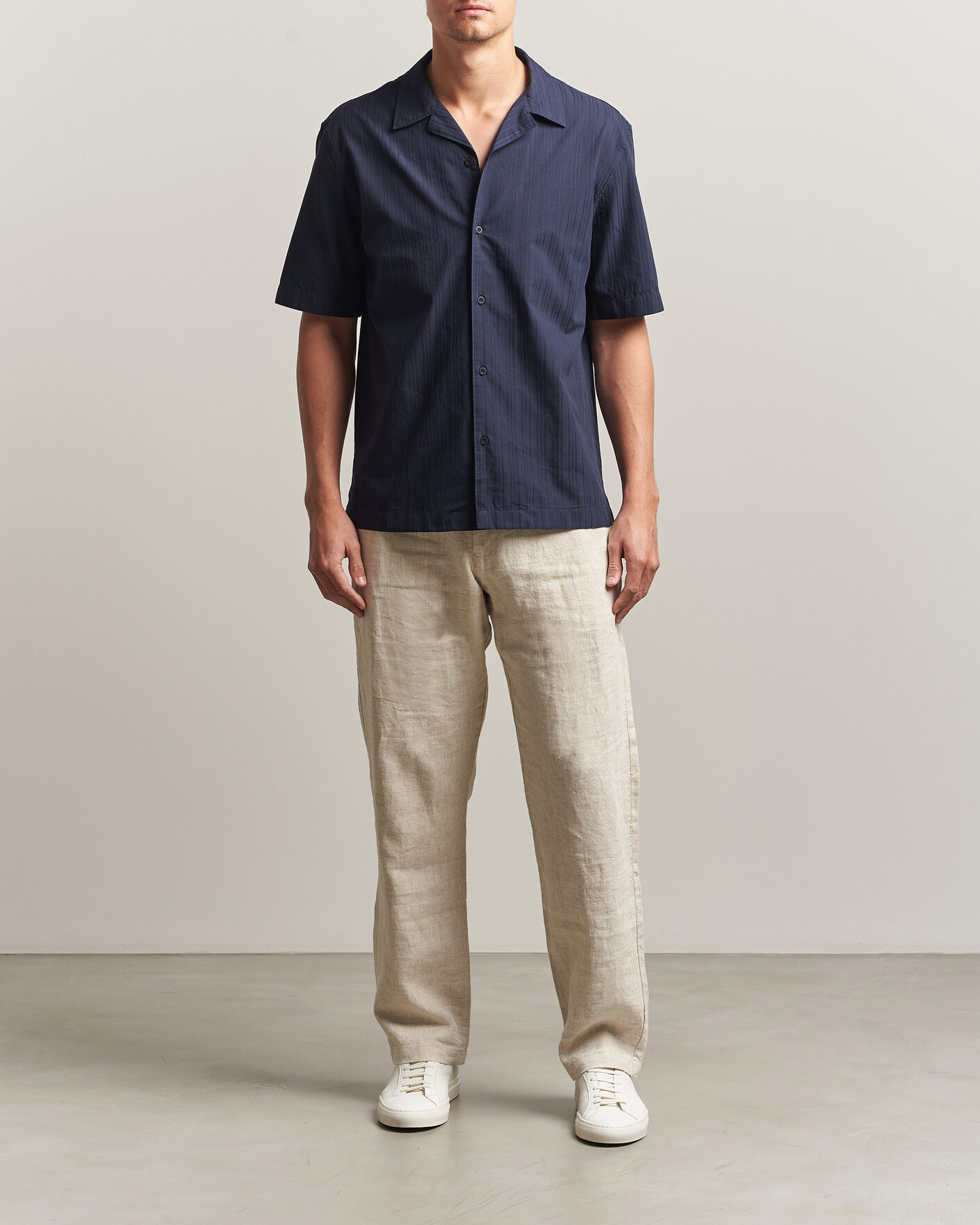 Hombres | Camisas | Sunspel | Short Sleeve Textured Stripe Shirt Navy
