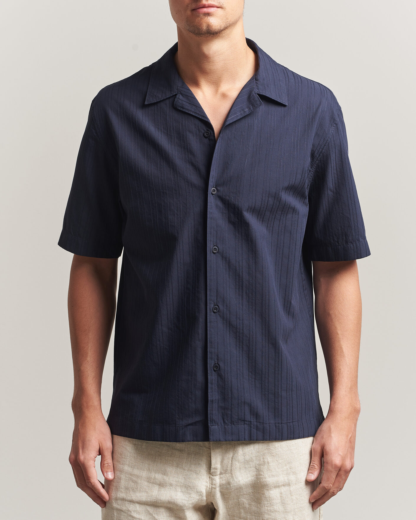 Hombres | Camisas | Sunspel | Short Sleeve Textured Stripe Shirt Navy