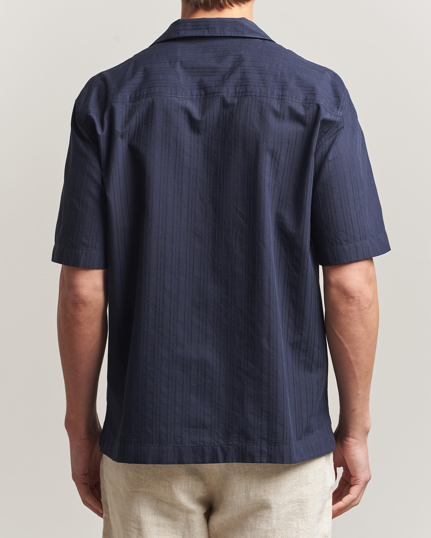 Hombres | Camisas | Sunspel | Short Sleeve Textured Stripe Shirt Navy