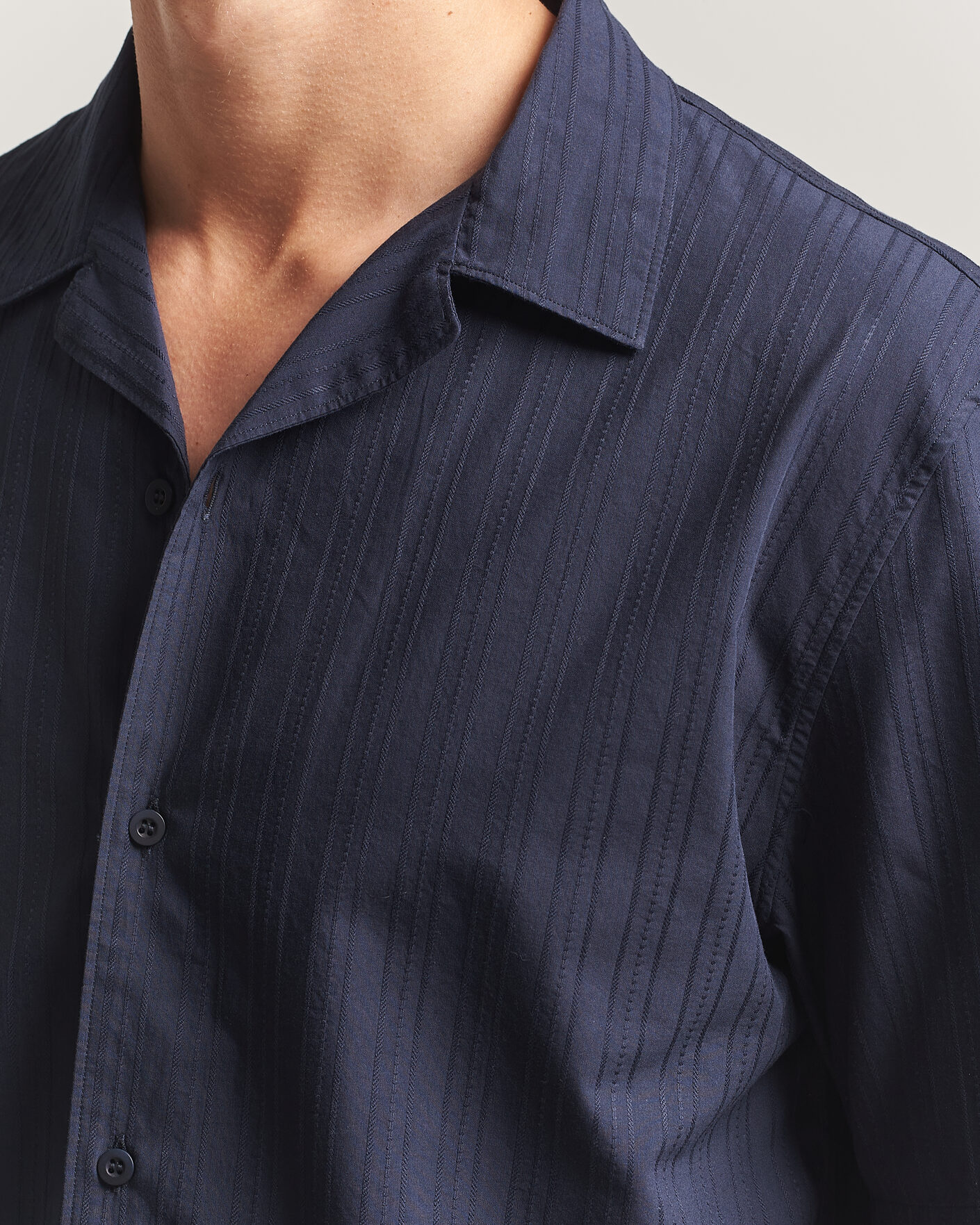 Hombres | Camisas | Sunspel | Short Sleeve Textured Stripe Shirt Navy