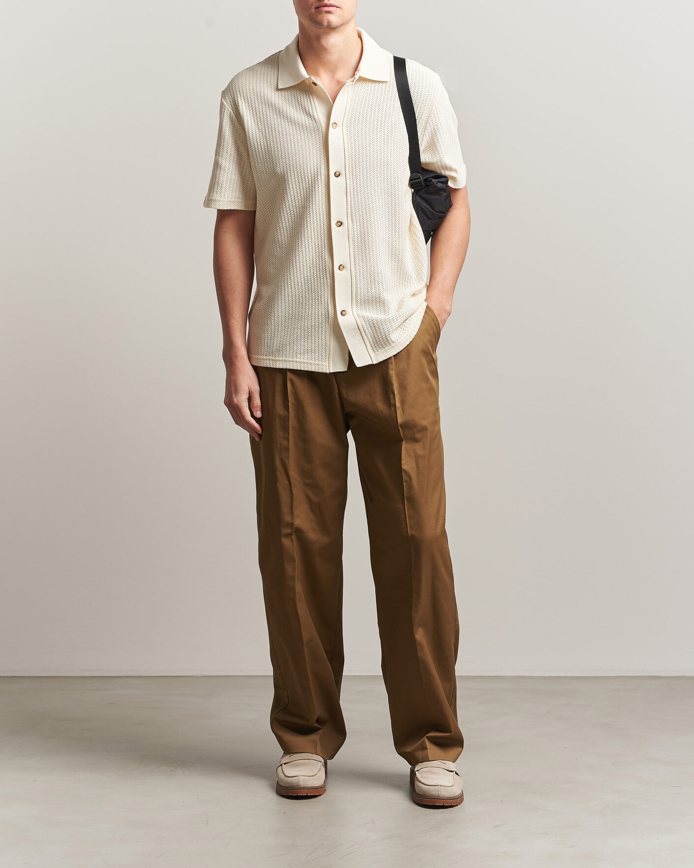 Hombres | Camisas | LES DEUX | Pointelle Short Sleeve Knitted Shirt Eggnog White
