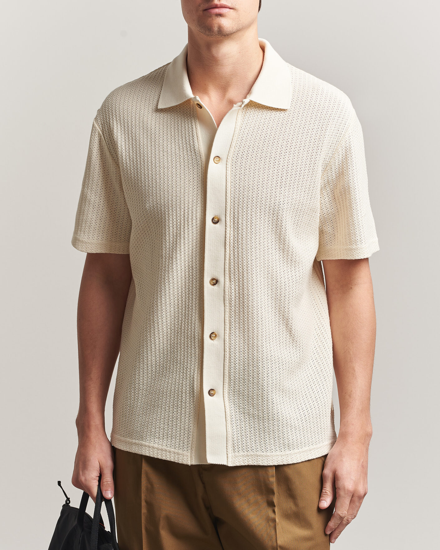 Hombres | Camisas | LES DEUX | Pointelle Short Sleeve Knitted Shirt Eggnog White