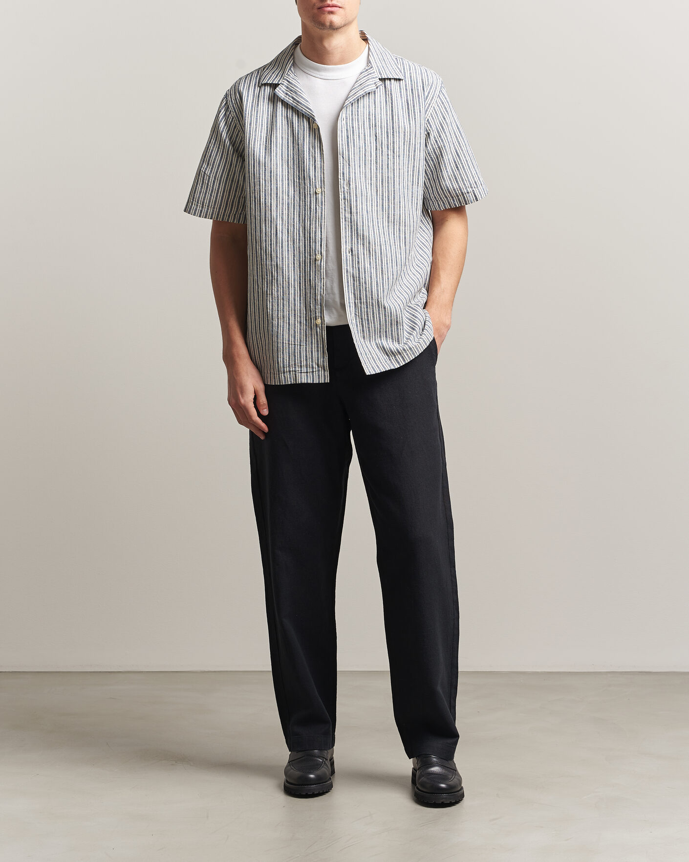 Hombres | Camisas | LES DEUX | Stripe Cotton/Linen Short Sleeve Shirt Dark Blue