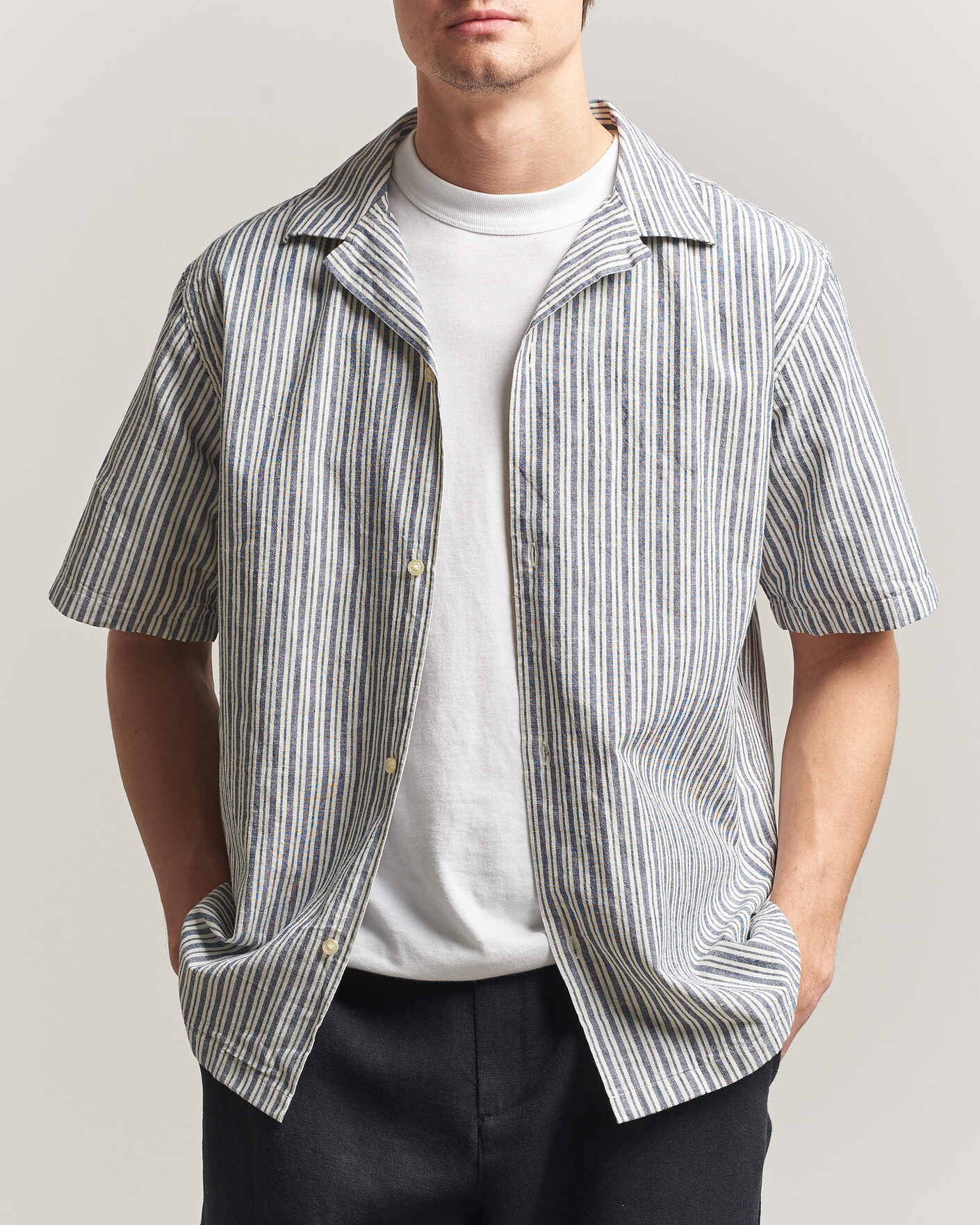 Hombres | Camisas | LES DEUX | Stripe Cotton/Linen Short Sleeve Shirt Dark Blue