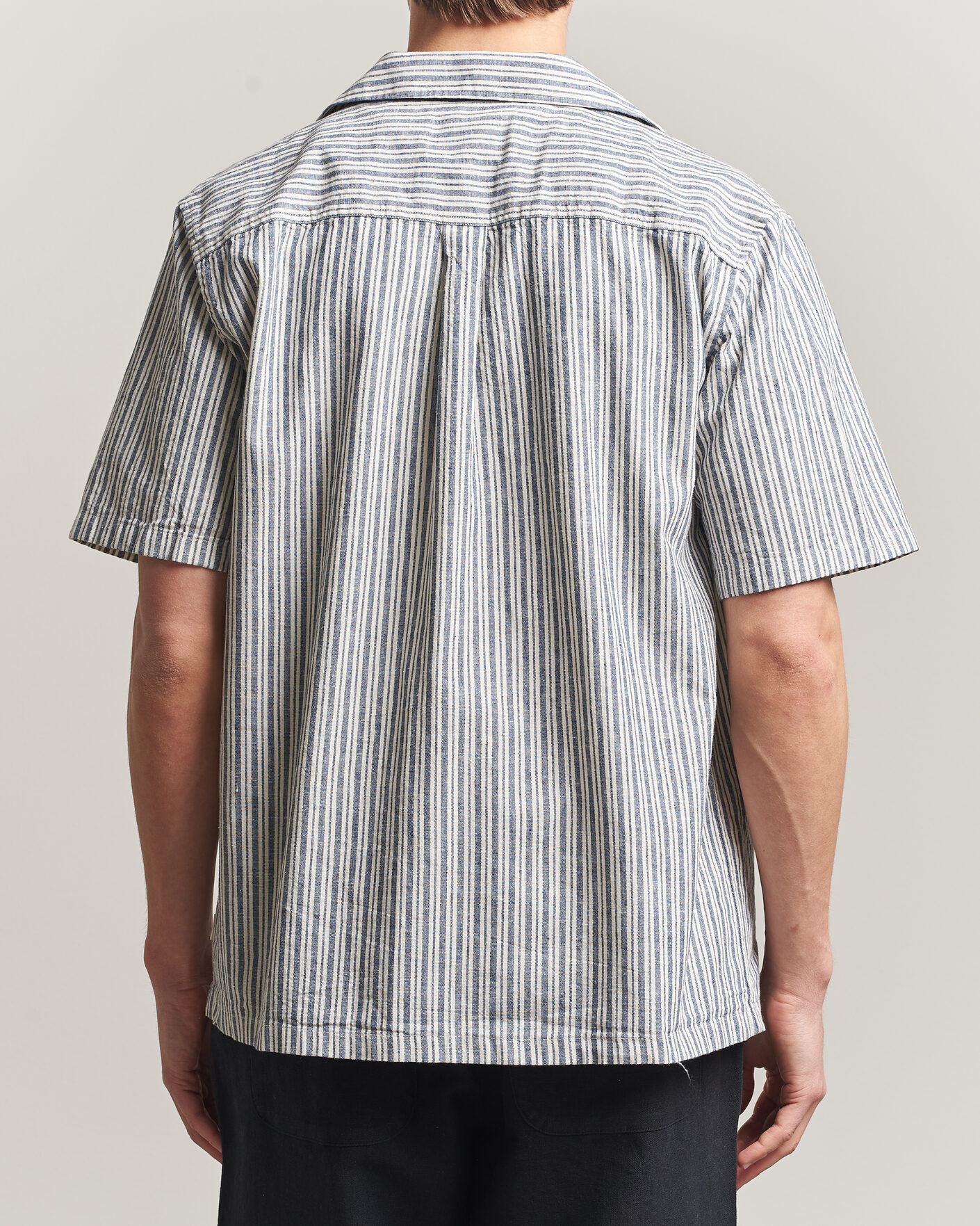Hombres | Camisas | LES DEUX | Stripe Cotton/Linen Short Sleeve Shirt Dark Blue