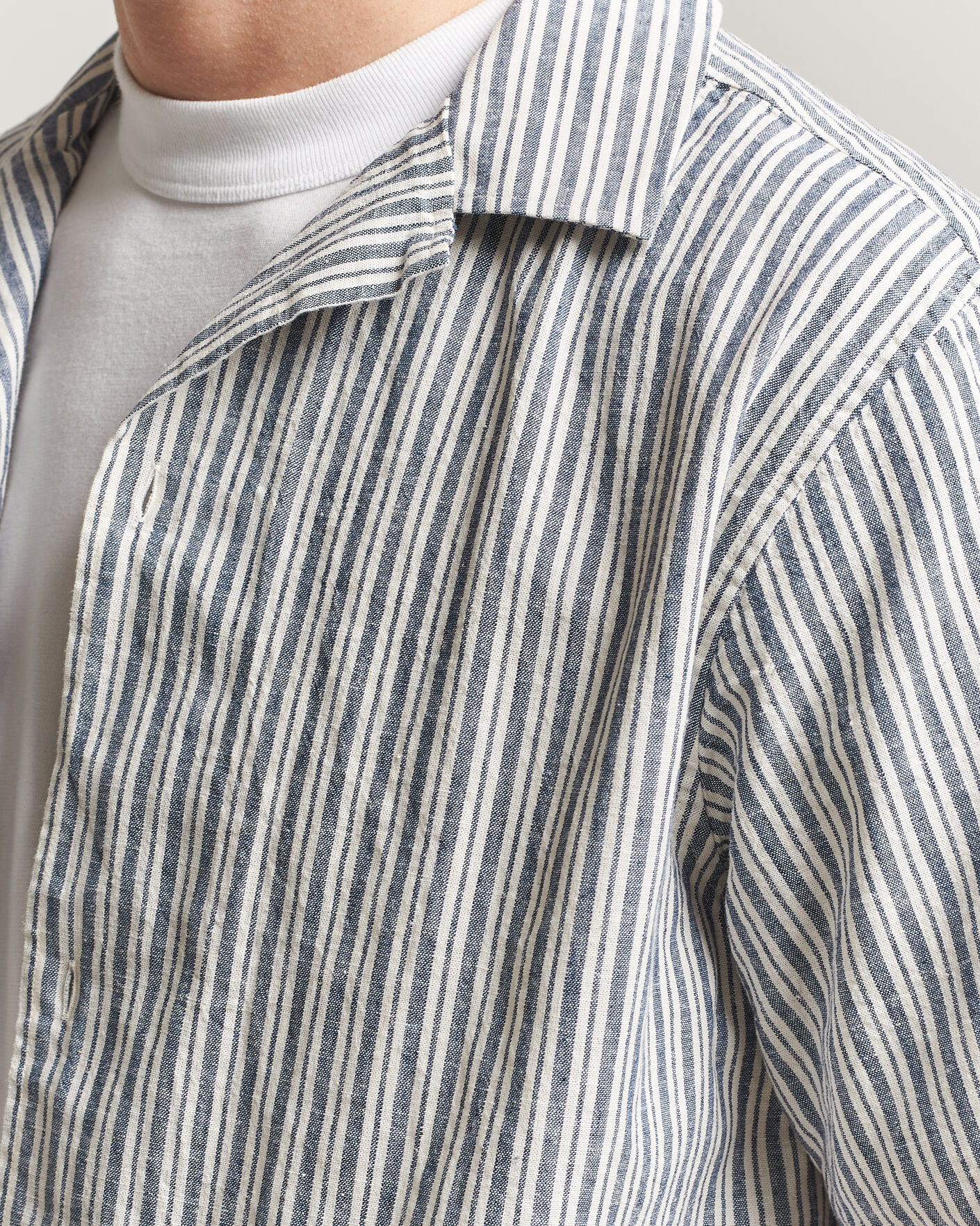 Hombres | Camisas | LES DEUX | Stripe Cotton/Linen Short Sleeve Shirt Dark Blue