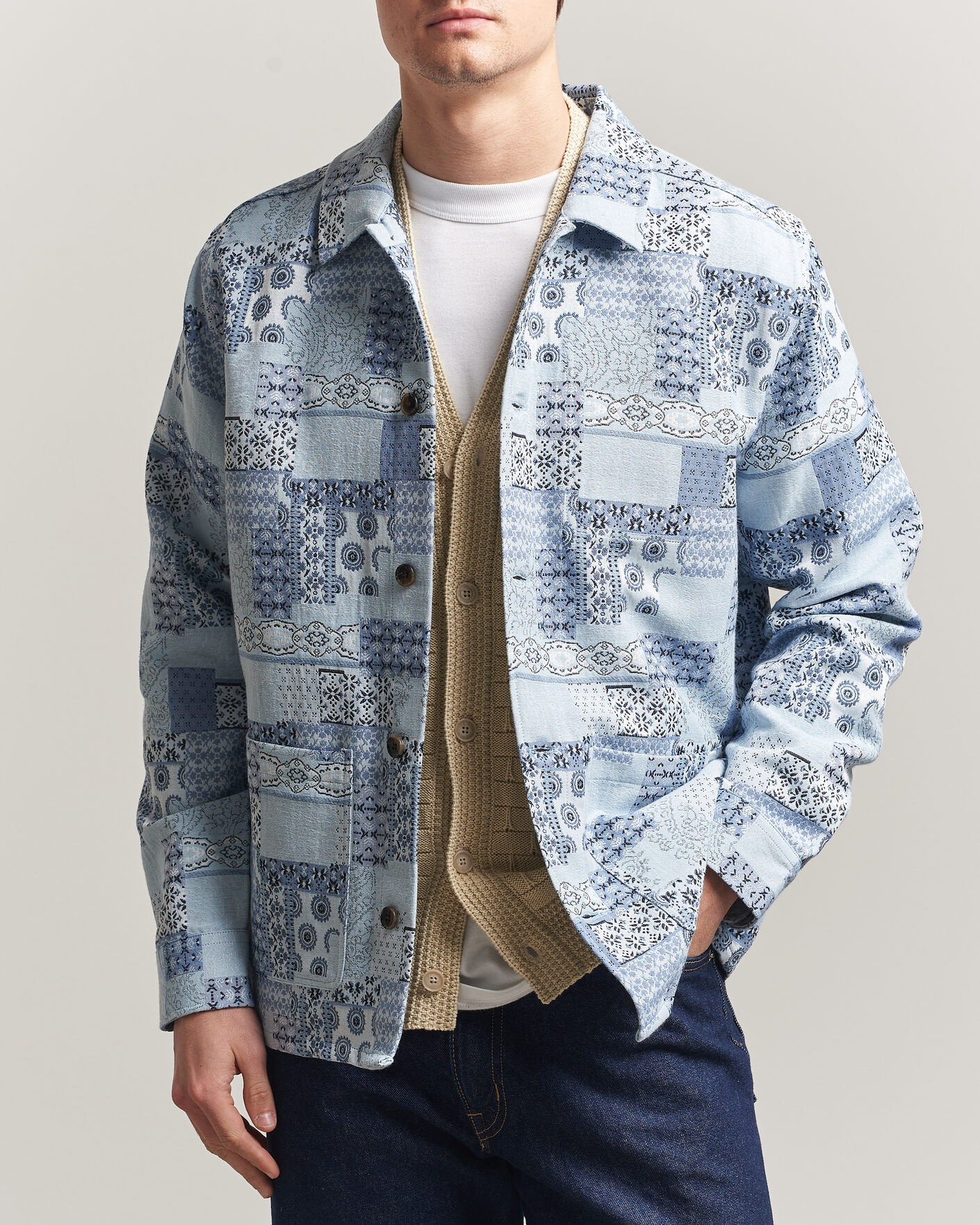 Hombres | Camisas | LES DEUX | Patchwork Jacquard Overshirt Skyway Blue