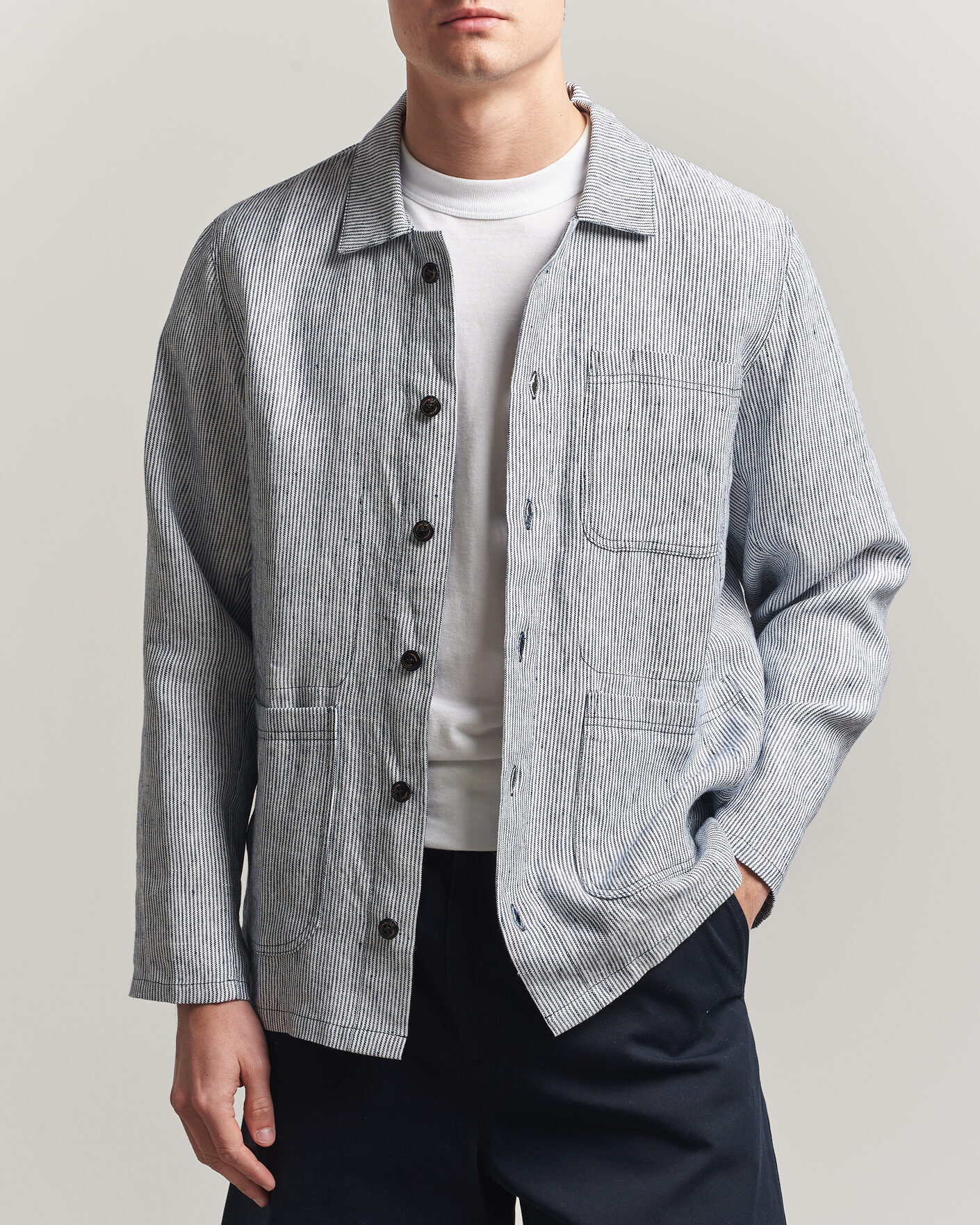 Hombres | Camisas | Peregrine | Windsor Linen Shacket Navy Stripe