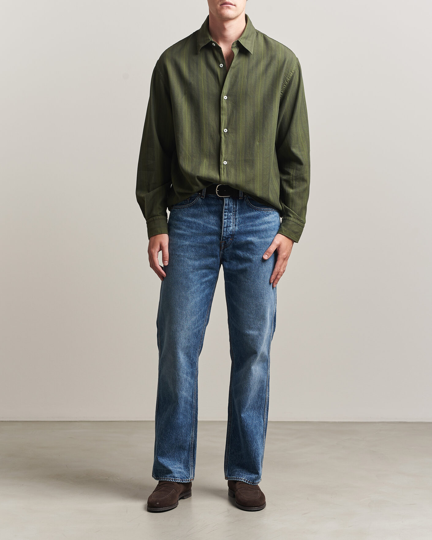 Hombres | Camisas | Massimo Alba | Boxy Striped Cotton Shirt Moss Green