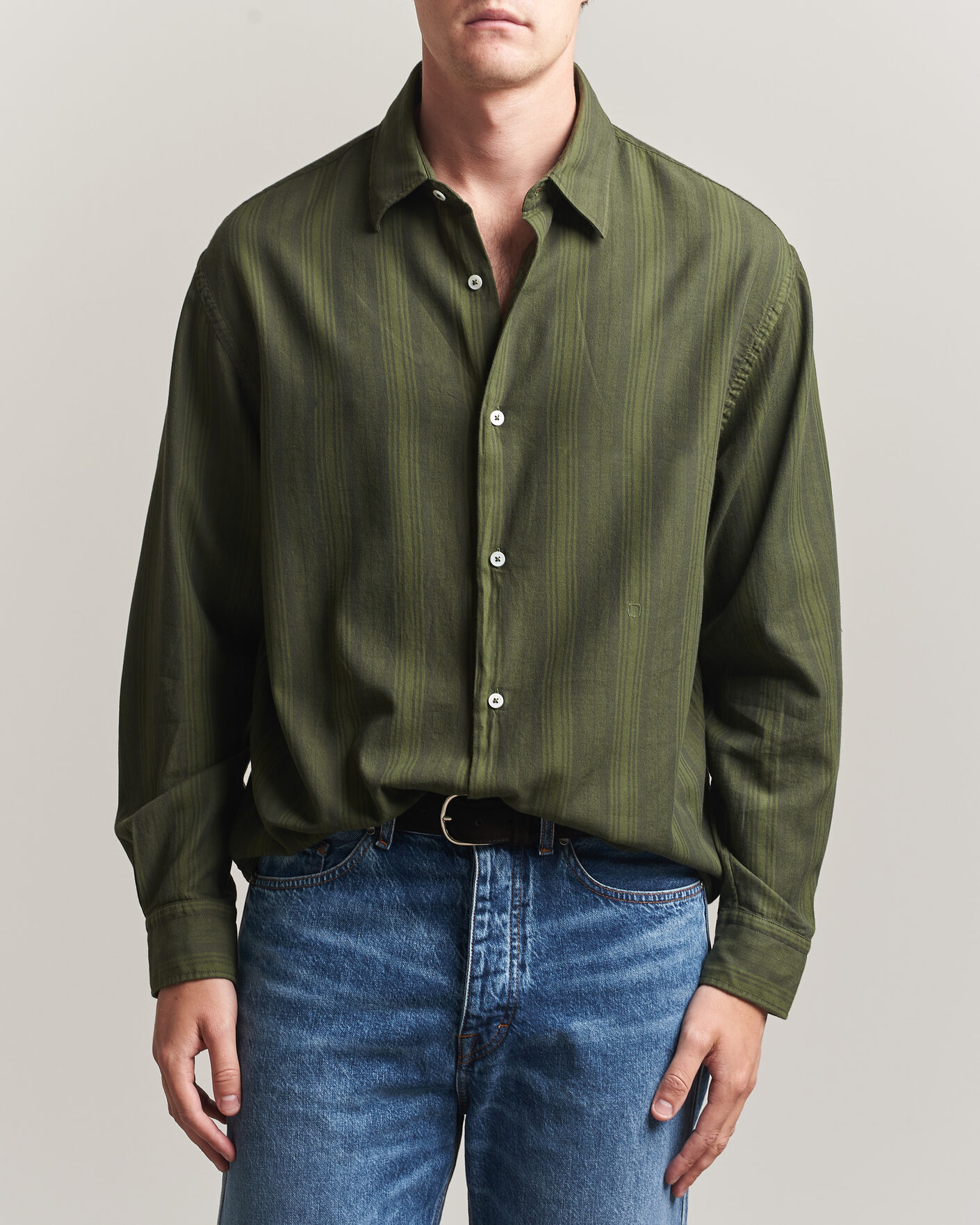 Hombres | Camisas | Massimo Alba | Boxy Striped Cotton Shirt Moss Green