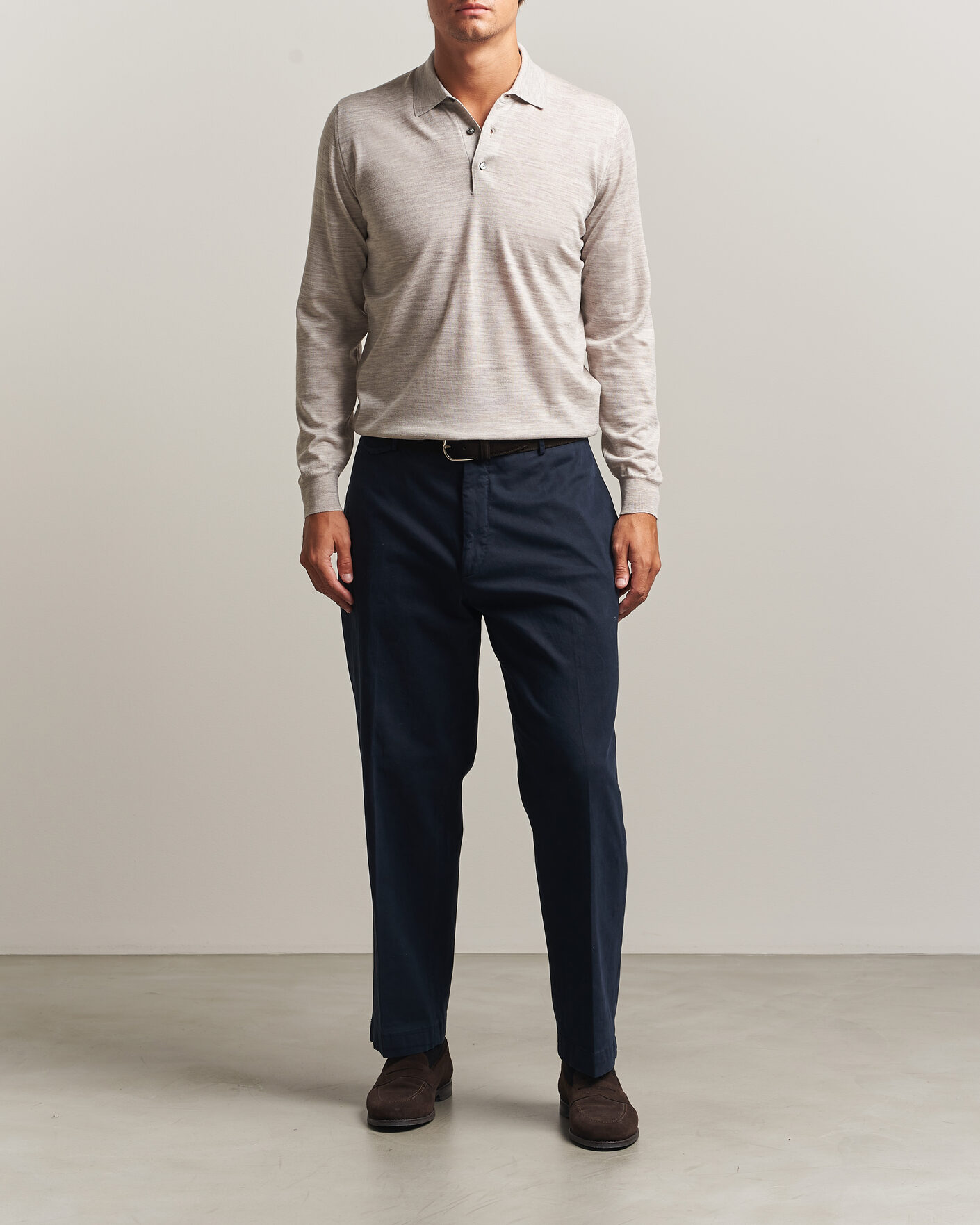 Hombres | Jerséis y prendas de punto | Fedeli | 140s Fine Wool Long Sleeve Polo Beige Melange