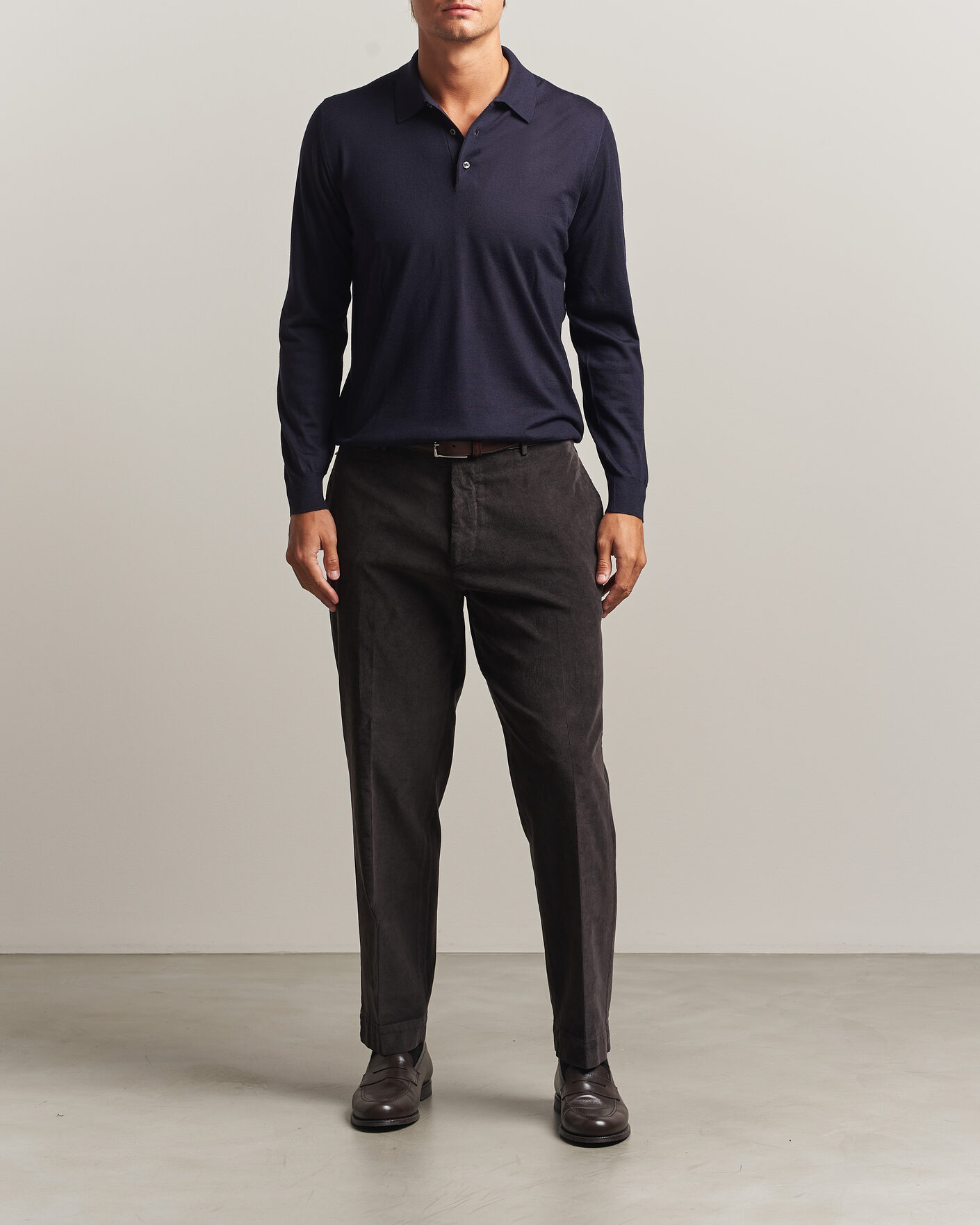 Hombres | Jerséis y prendas de punto | Fedeli | 140s Fine Wool Long Sleeve Polo Navy